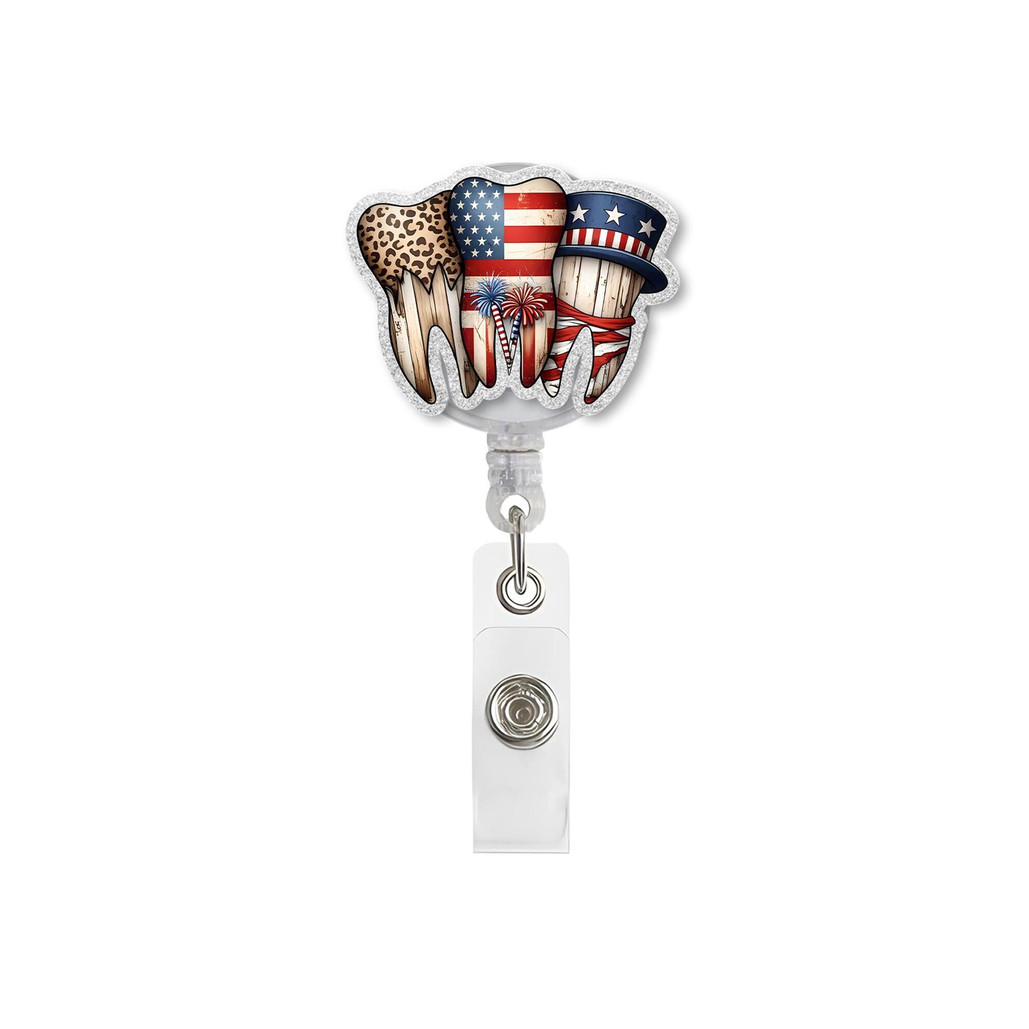 Patriotic Teeth Badge Reel – 4th of July Dental Hygienist ID Clip – Leopard Tooth USA Retractable Holder – Cute Dentist Office Gift
