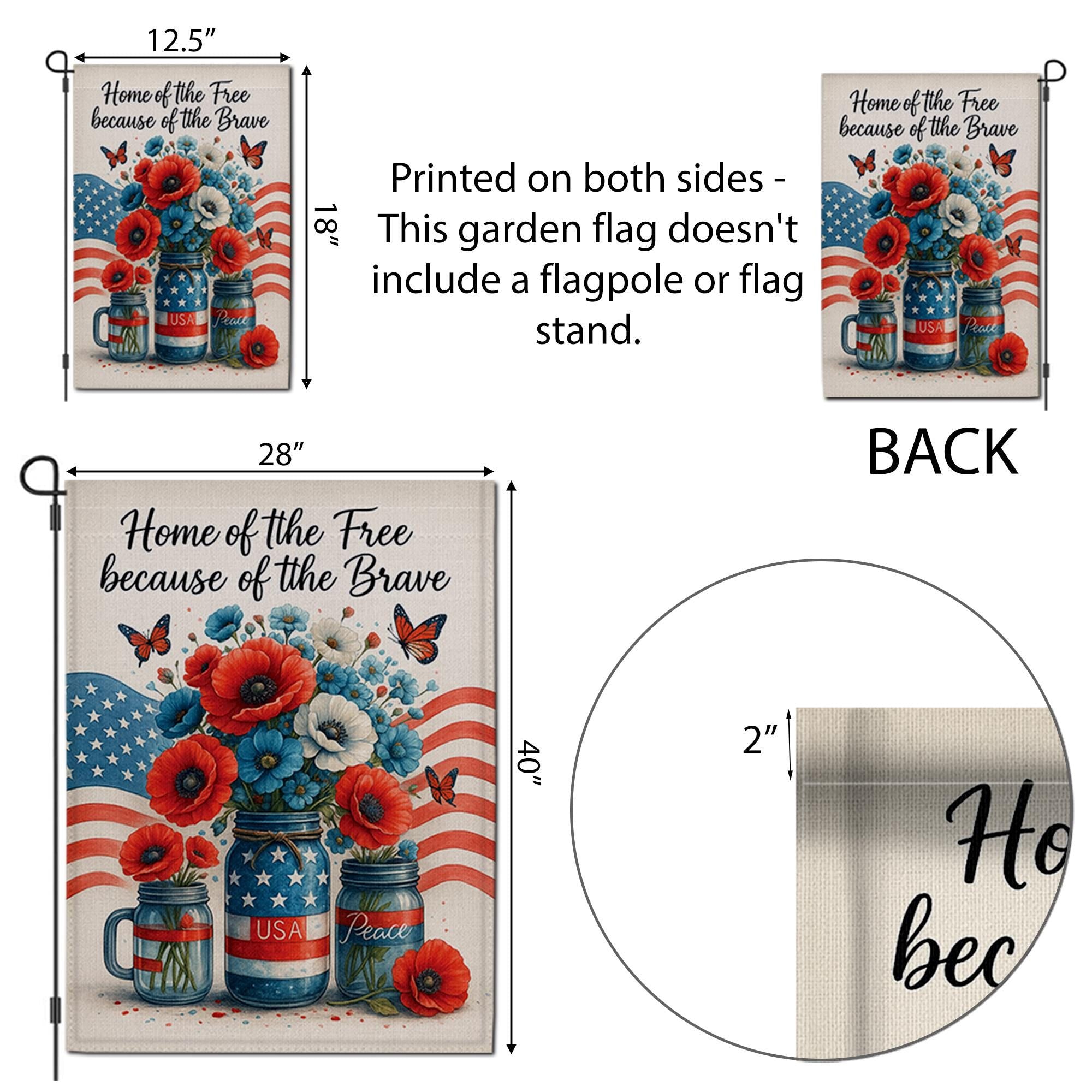 Home of the Free Garden Flag – Patriotic Memorial Day Yard Decor – Mason Jar American Flag Banner – Veterans Tribute Outdoor Sign