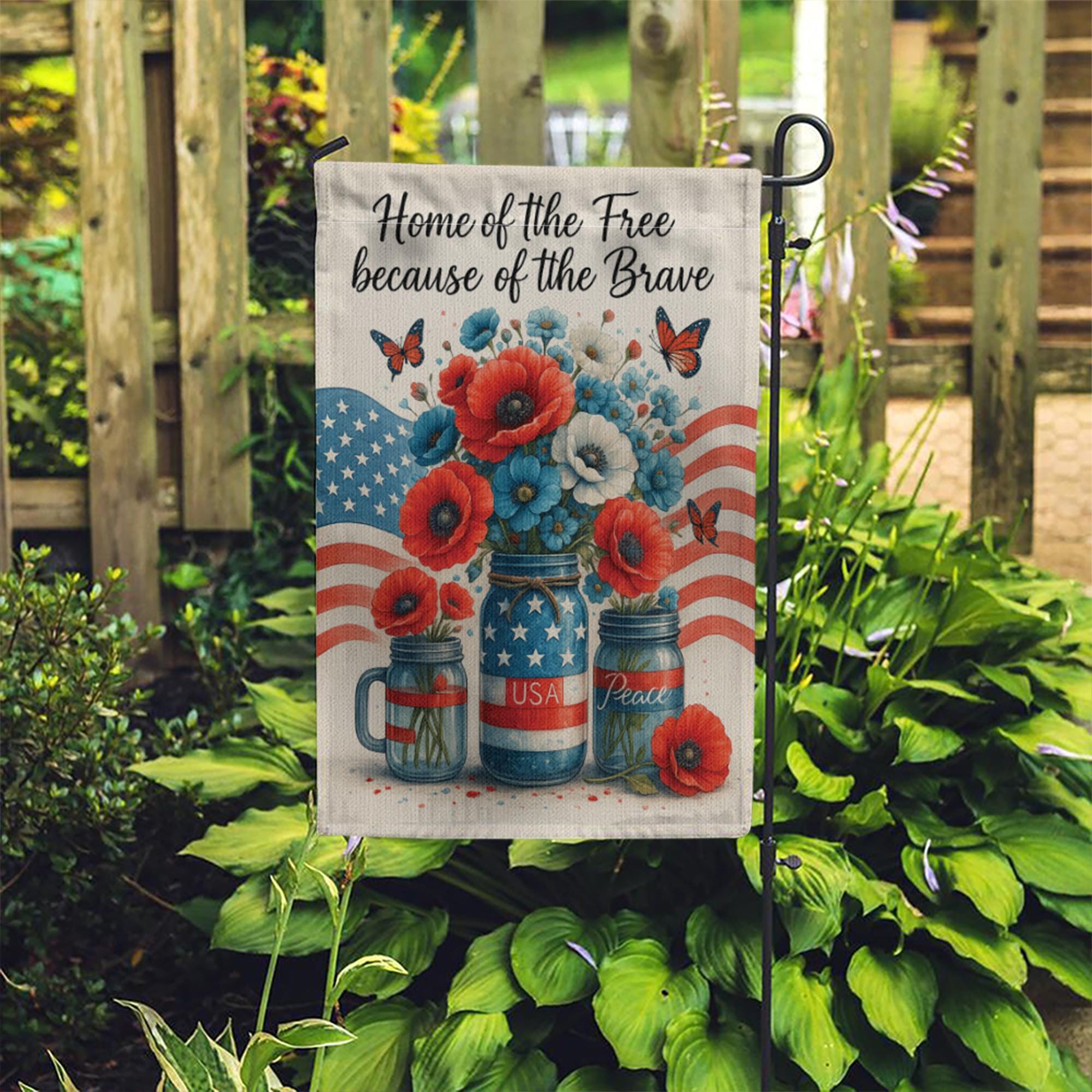 Home of the Free Garden Flag – Patriotic Memorial Day Yard Decor – Mason Jar American Flag Banner – Veterans Tribute Outdoor Sign