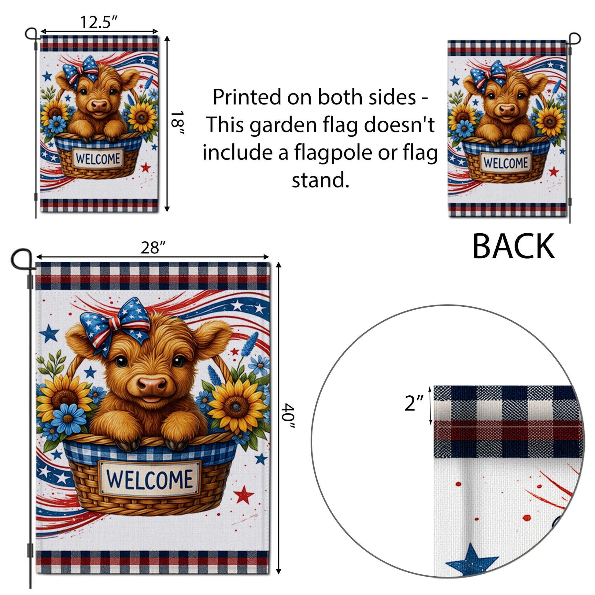 Patriotic Cow Welcome Garden Flag – Highland Calf Farmhouse Yard Decor – 4th of July Country Floral Banner – Summer Outdoor Flag