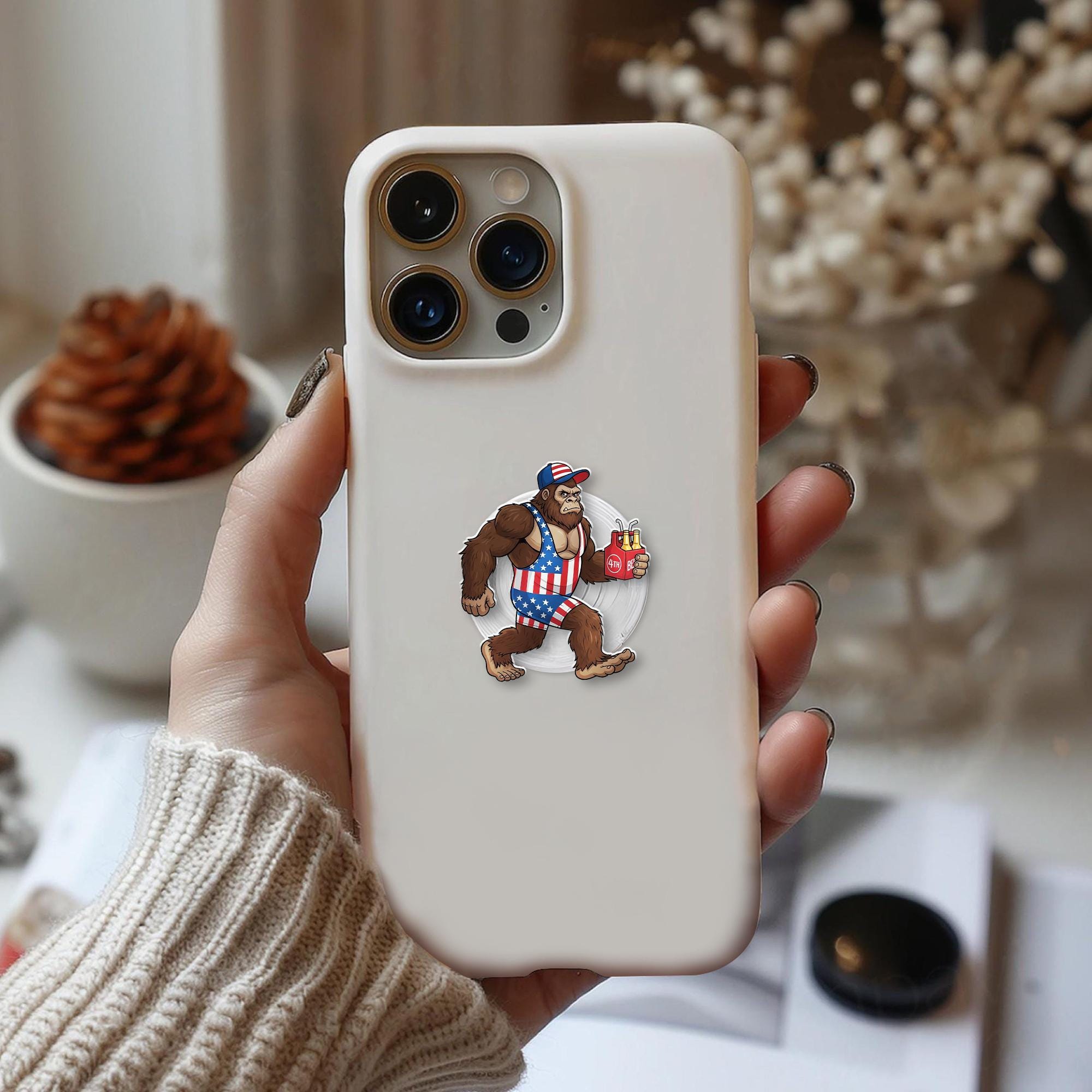 Patriotic Bigfoot Phone Grip – Funny USA Sasquatch Holder – 4th of July Pop Socket Accessory – Red White Blue Phone Stand