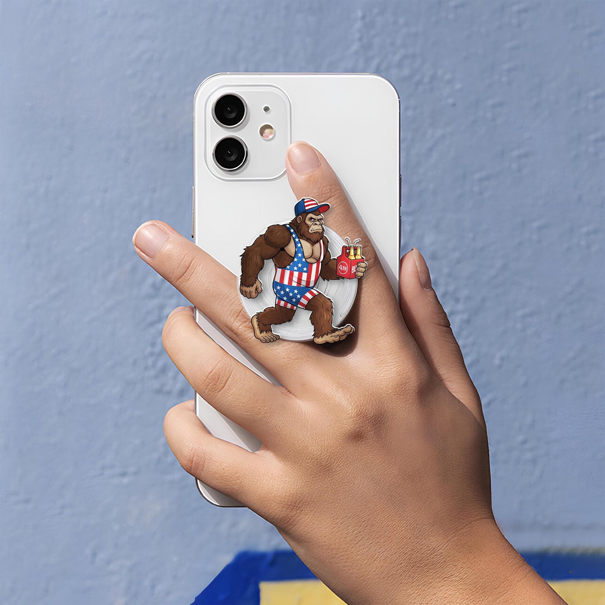 Patriotic Bigfoot Phone Grip – Funny USA Sasquatch Holder – 4th of July Pop Socket Accessory – Red White Blue Phone Stand