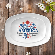 Patriotic 4th of July Platter – America Themed Serving Tray with Stars and Flowers, Independence Day Party Tableware Decor