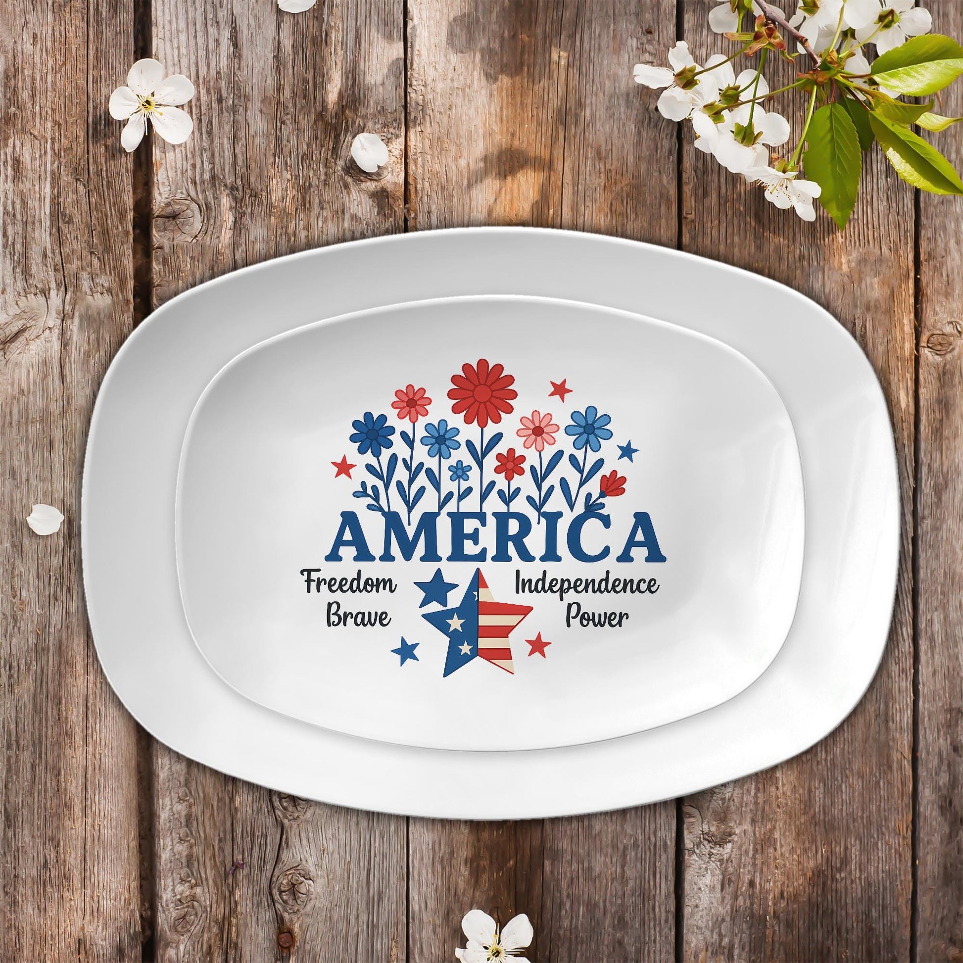 Patriotic 4th of July Platter – America Themed Serving Tray with Stars and Flowers, Independence Day Party Tableware Decor