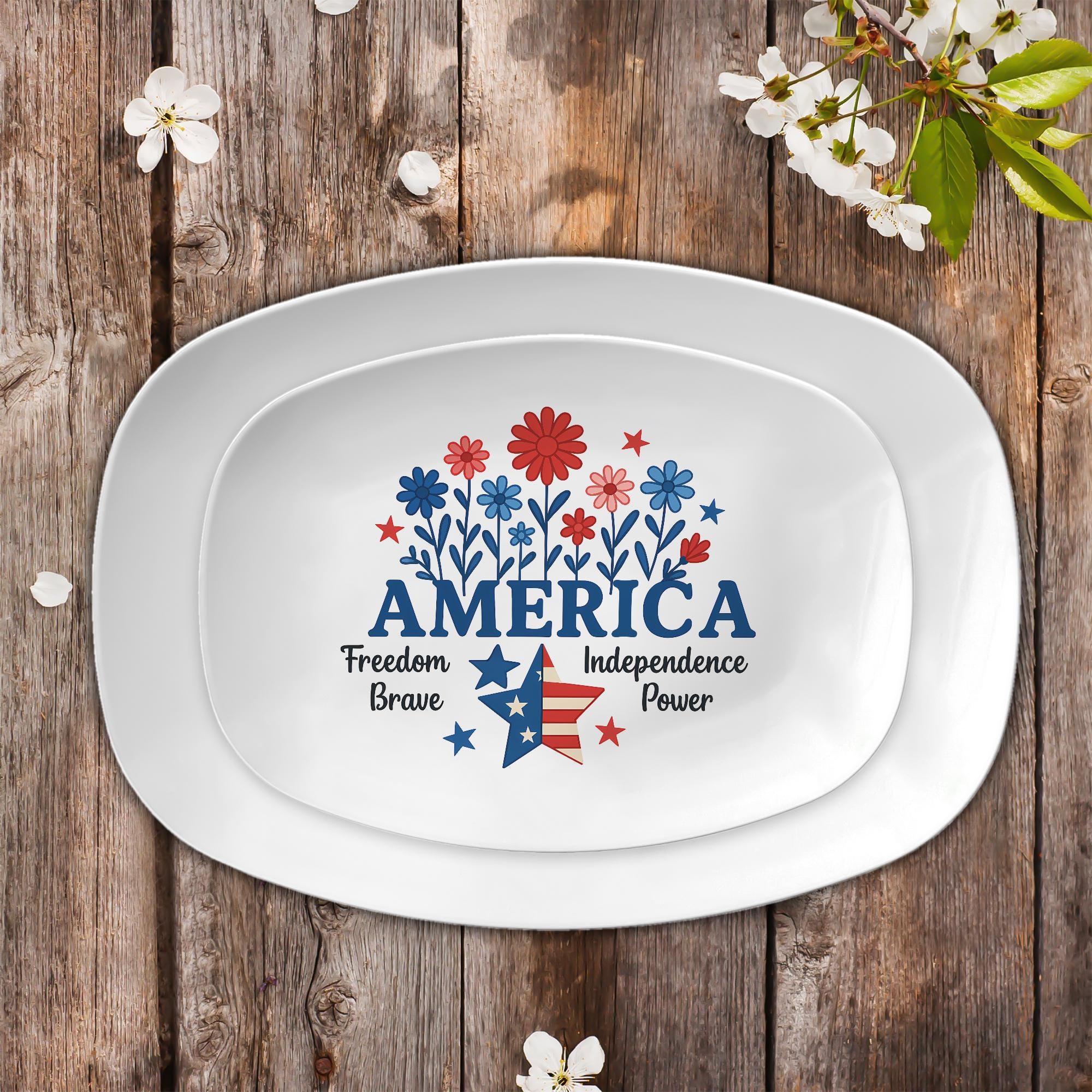 Patriotic 4th of July Platter – America Themed Serving Tray with Stars and Flowers, Independence Day Party Tableware Decor