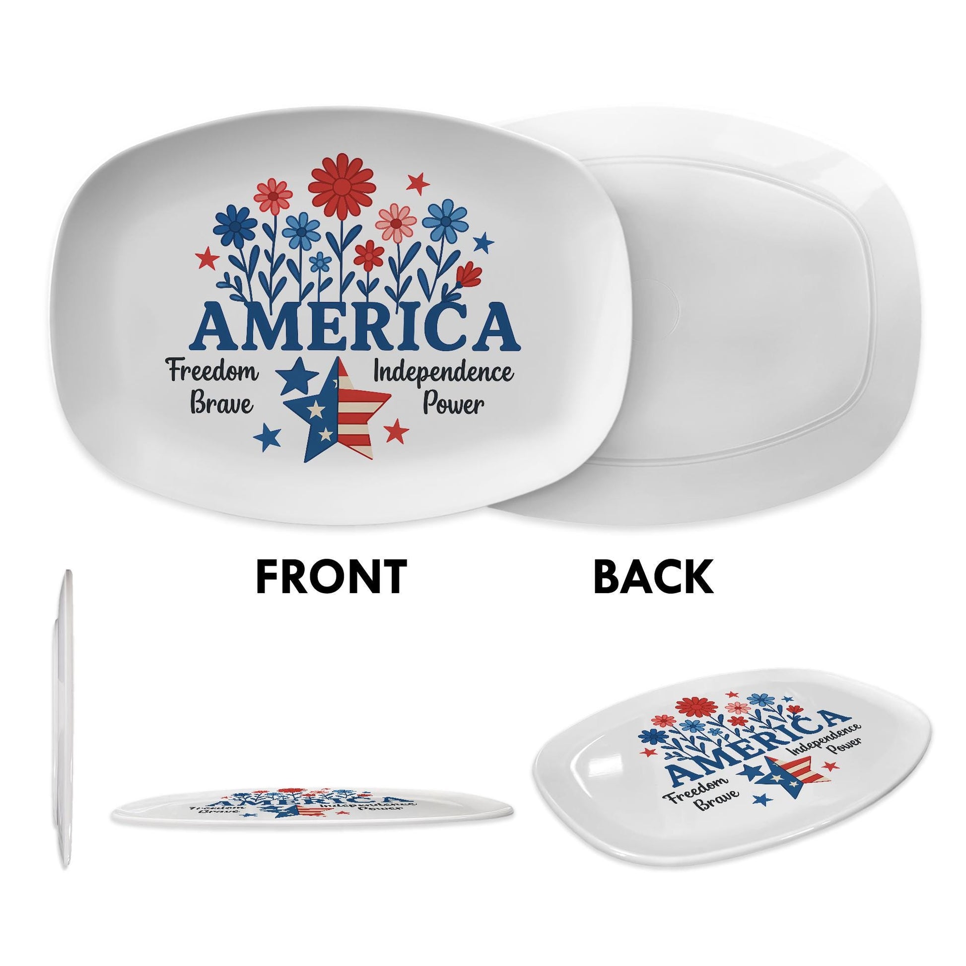 Patriotic 4th of July Platter – America Themed Serving Tray with Stars and Flowers, Independence Day Party Tableware Decor
