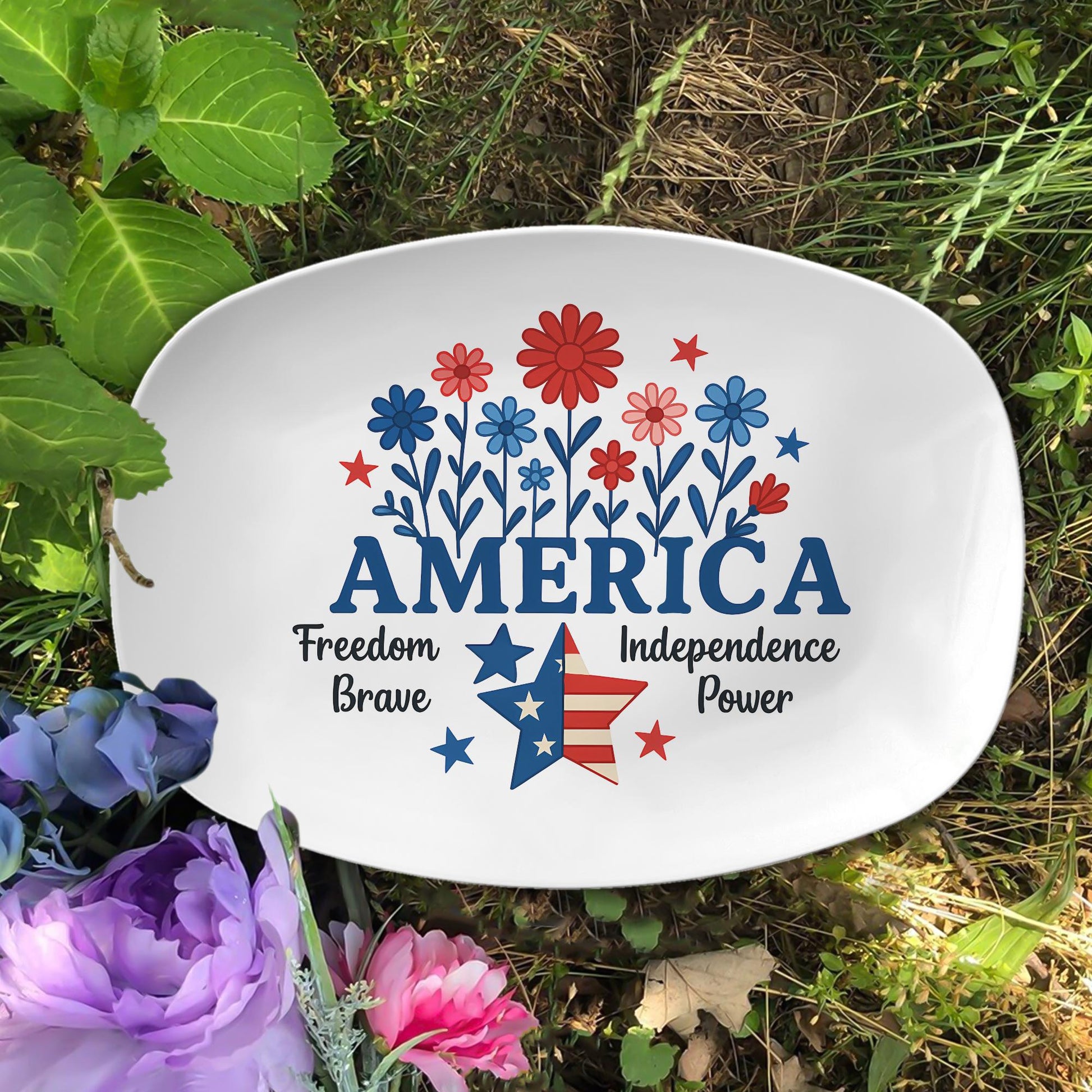 Patriotic 4th of July Platter – America Themed Serving Tray with Stars and Flowers, Independence Day Party Tableware Decor