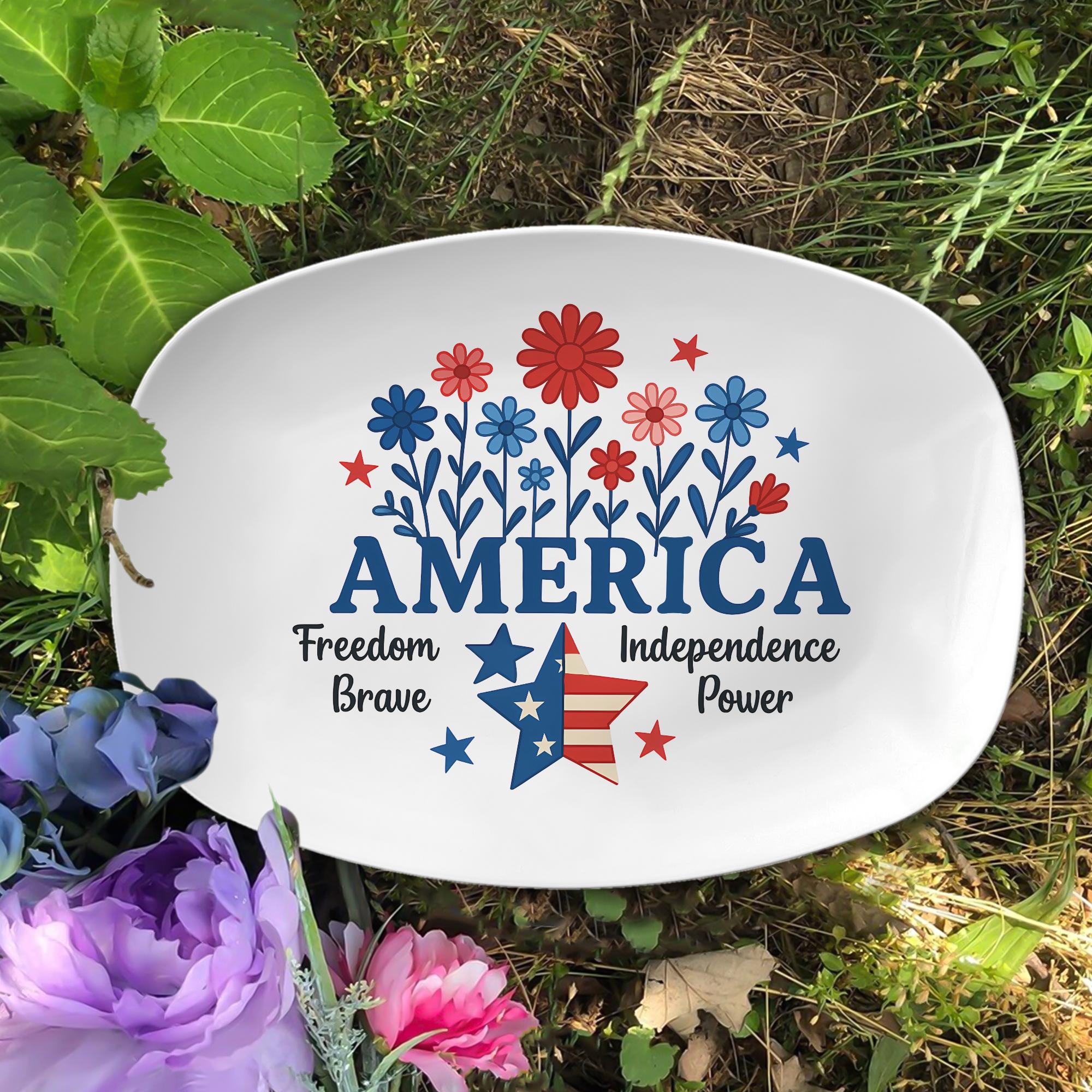 Patriotic 4th of July Platter – America Themed Serving Tray with Stars and Flowers, Independence Day Party Tableware Decor