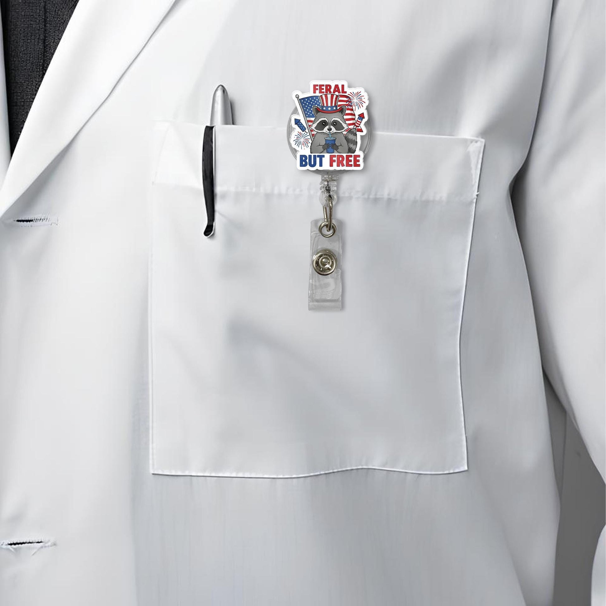 Feral But Free Raccoon Badge Reel - Patriotic Animal Retractable ID Holder, Funny 4th of July Nurse Teacher Office Gift