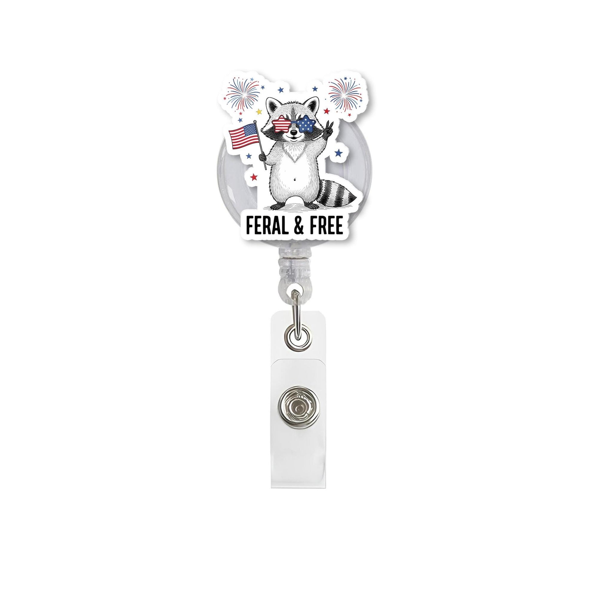USA Patriotic Raccoon Badge Reel, Feral & Free Retractable ID Holder, Funny 4th of July Nurse Doctor Student Lanyard