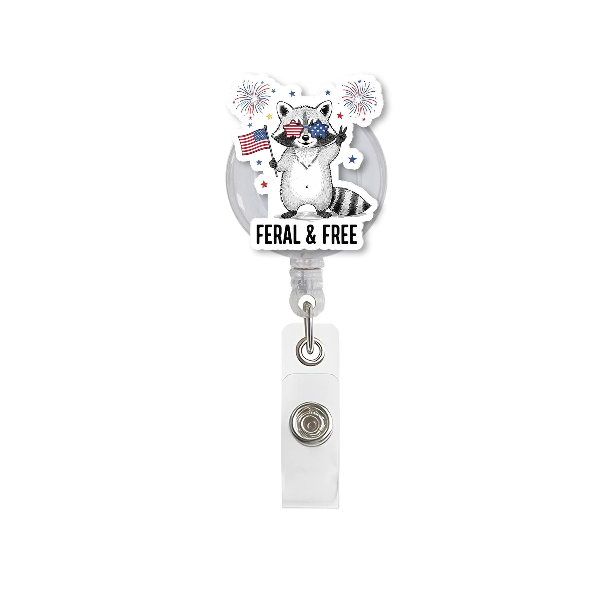 USA Patriotic Raccoon Badge Reel, Feral & Free Retractable ID Holder, Funny 4th of July Nurse Doctor Student Lanyard