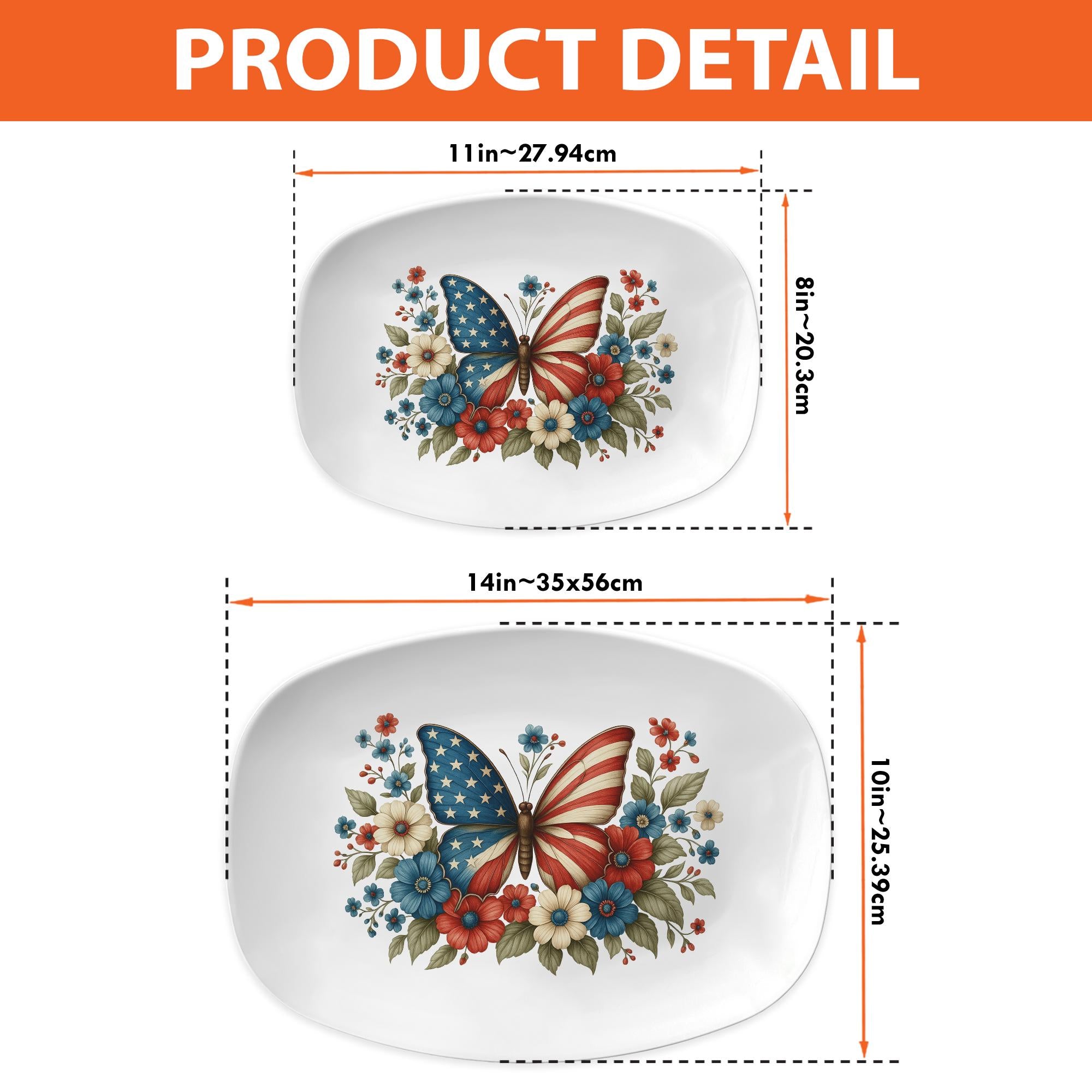 4th of July Butterfly Platter – Patriotic USA Flag Serving Tray with Red White Blue Flowers, Independence Day Party Tableware