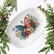 4th of July Butterfly Platter – Patriotic USA Flag Serving Tray with Red White Blue Flowers, Independence Day Party Tableware