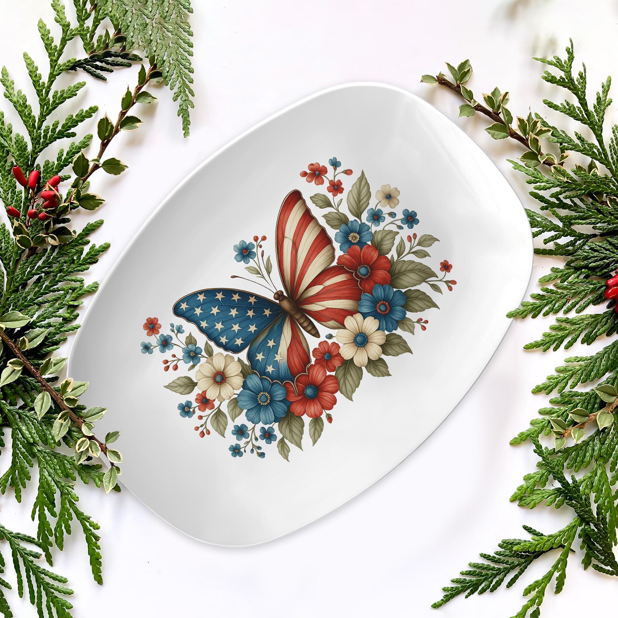 4th of July Butterfly Platter – Patriotic USA Flag Serving Tray with Red White Blue Flowers, Independence Day Party Tableware