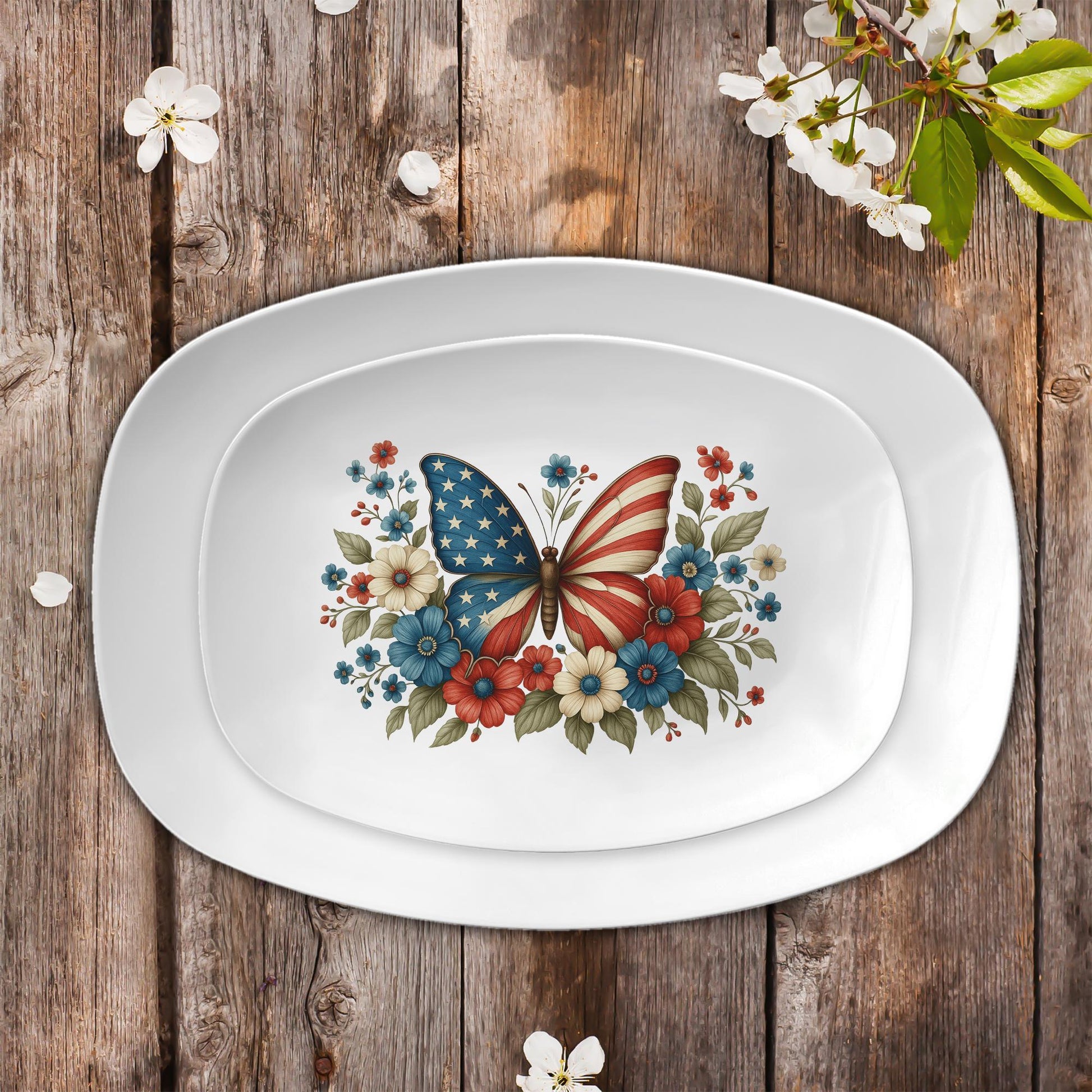 4th of July Butterfly Platter – Patriotic USA Flag Serving Tray with Red White Blue Flowers, Independence Day Party Tableware