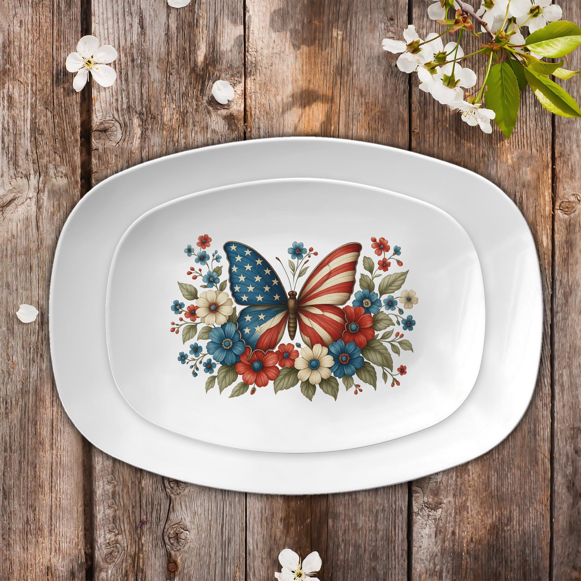 4th of July Butterfly Platter – Patriotic USA Flag Serving Tray with Red White Blue Flowers, Independence Day Party Tableware