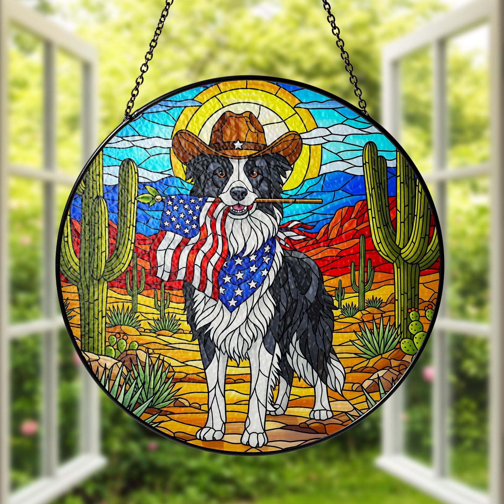 Western Border Collie Glass Suncatcher, Cowboy Dog Ornament, Patriotic Farmhouse Decor, Unique Pet Lover Gift Idea, Patriotic Window Decor