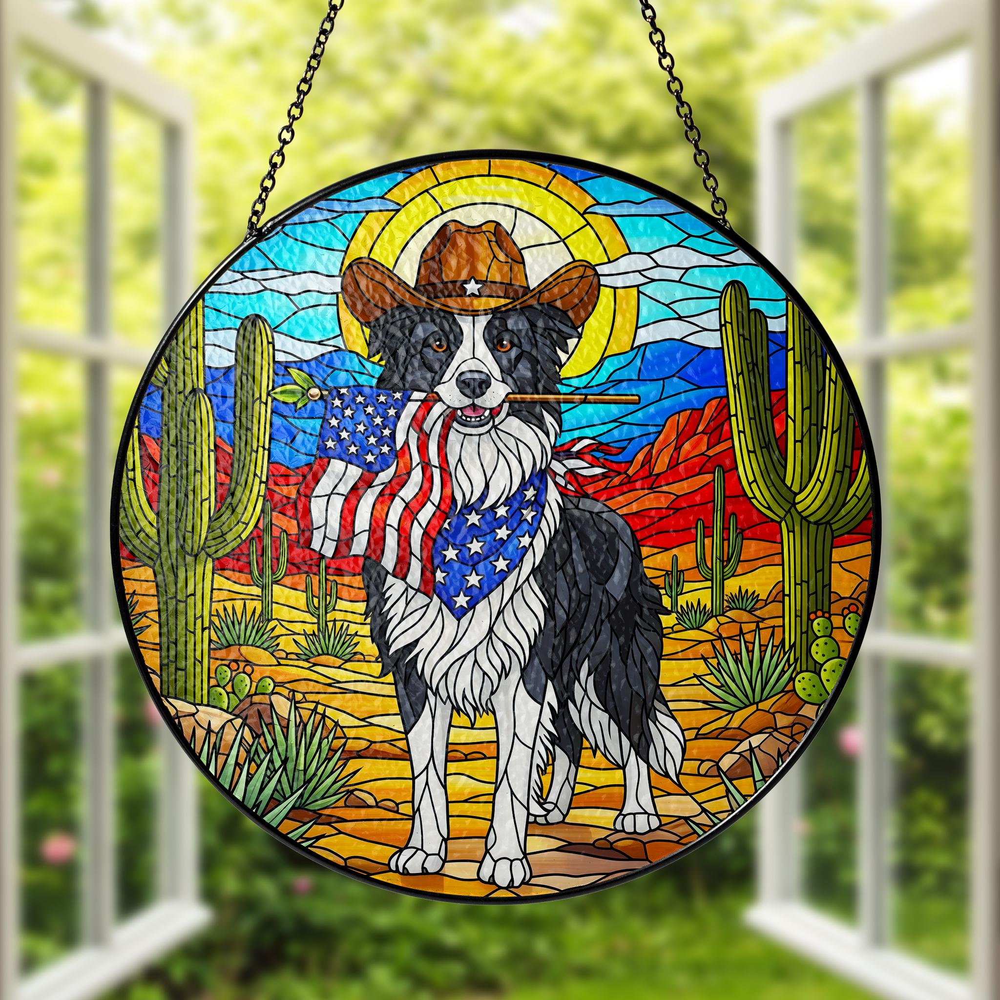Western Border Collie Glass Suncatcher, Cowboy Dog Ornament, Patriotic Farmhouse Decor, Unique Pet Lover Gift Idea, Patriotic Window Decor