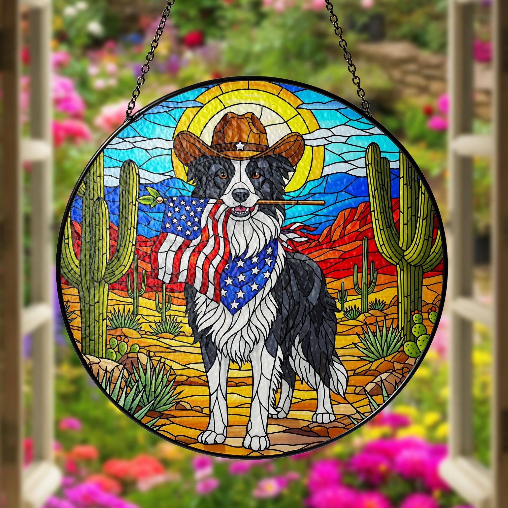 Western Border Collie Glass Suncatcher, Cowboy Dog Ornament, Patriotic Farmhouse Decor, Unique Pet Lover Gift Idea, Patriotic Window Decor
