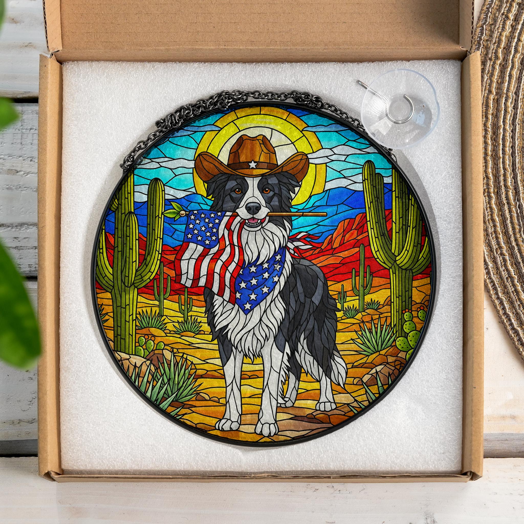 Western Border Collie Glass Suncatcher, Cowboy Dog Ornament, Patriotic Farmhouse Decor, Unique Pet Lover Gift Idea, Patriotic Window Decor