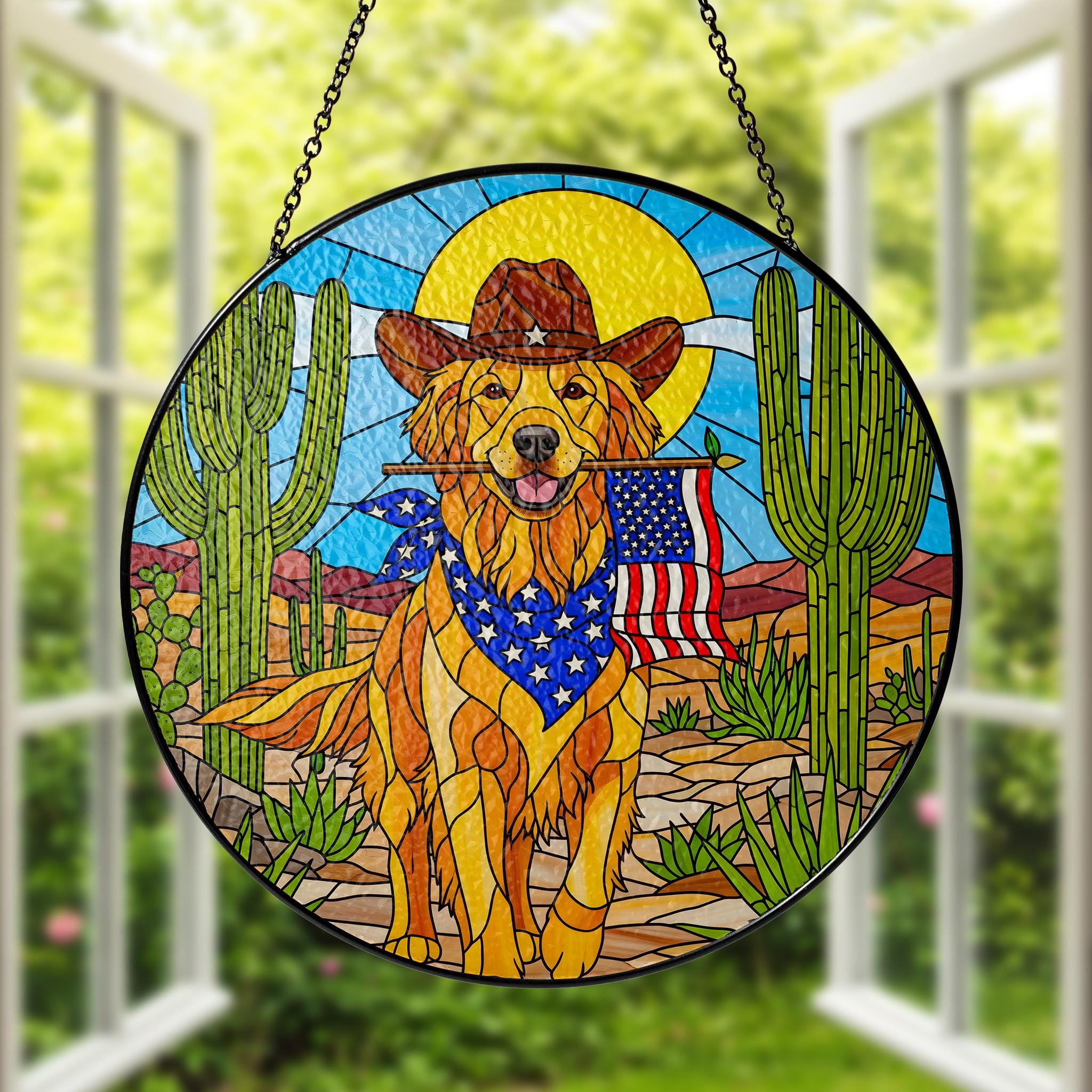 Patriotic Golden Retriever Glass Suncatcher, Western Cowboy Dog Window Hanging, American Flag Desert Art Decor Gift, Dog Lover Gift