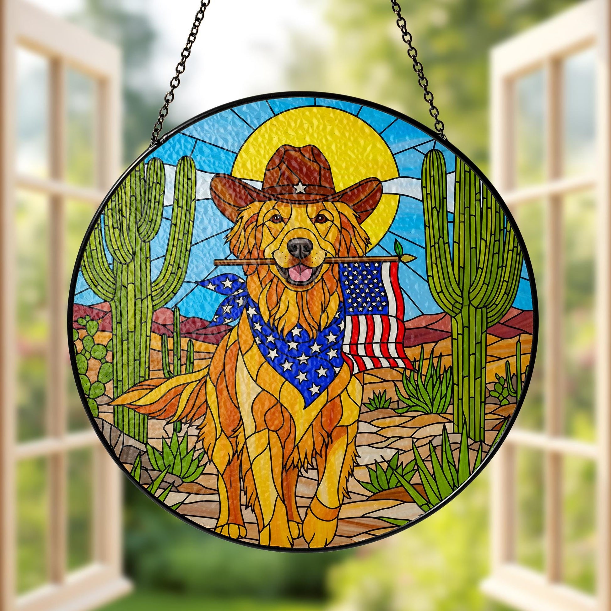 Patriotic Golden Retriever Glass Suncatcher, Western Cowboy Dog Window Hanging, American Flag Desert Art Decor Gift, Dog Lover Gift