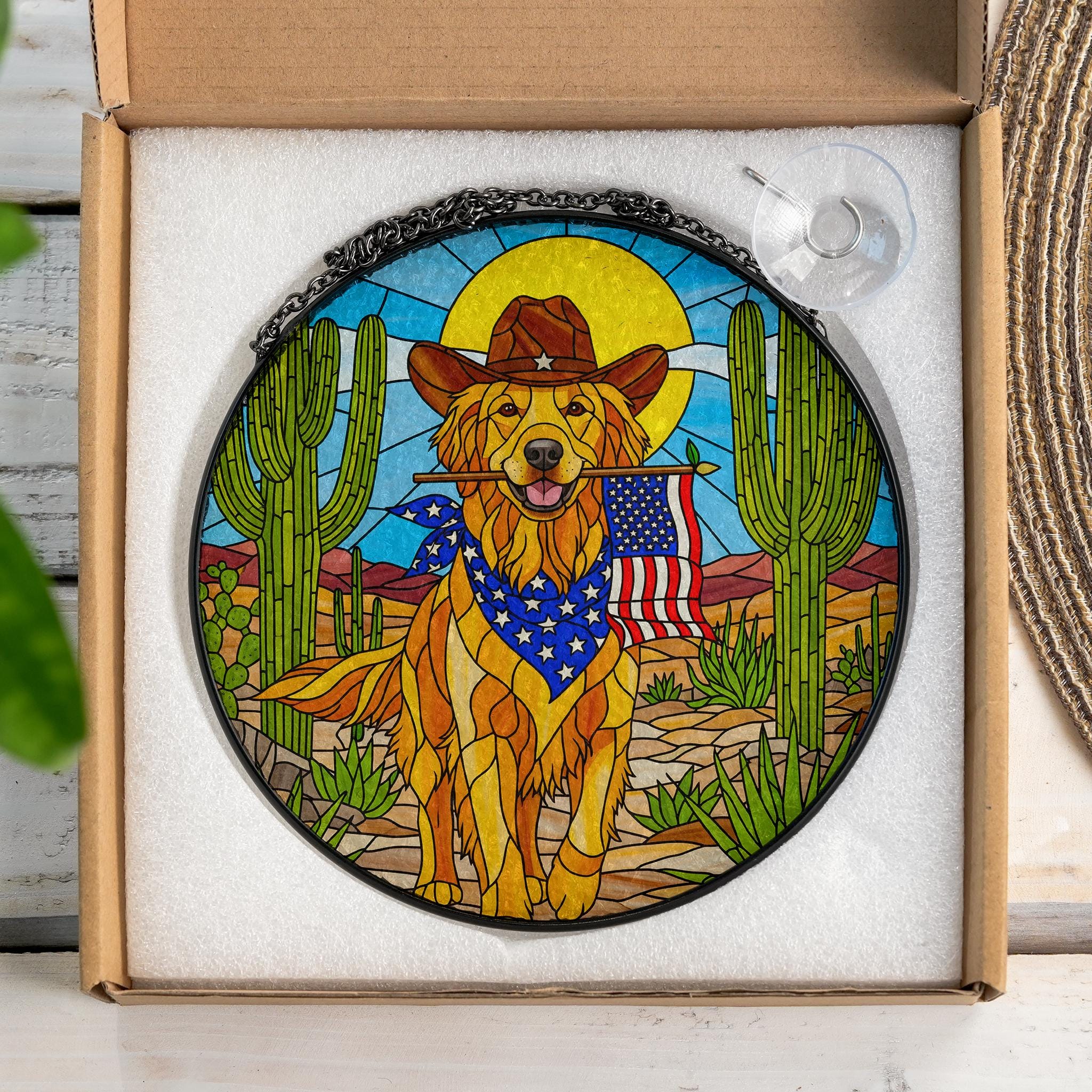 Patriotic Golden Retriever Glass Suncatcher, Western Cowboy Dog Window Hanging, American Flag Desert Art Decor Gift, Dog Lover Gift