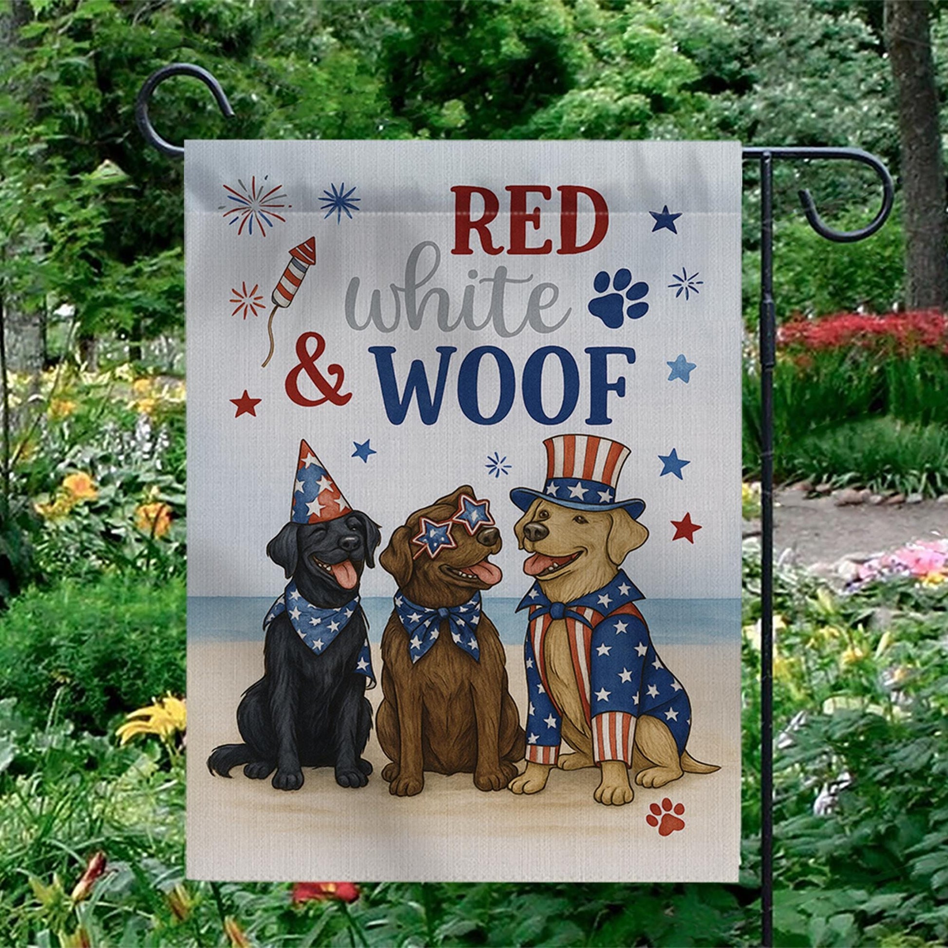 Red White and Woof Garden Flag – 4th of July Patriotic Dog Flag, Independence Day Outdoor Decor, Cute USA Dog Party Yard Banner