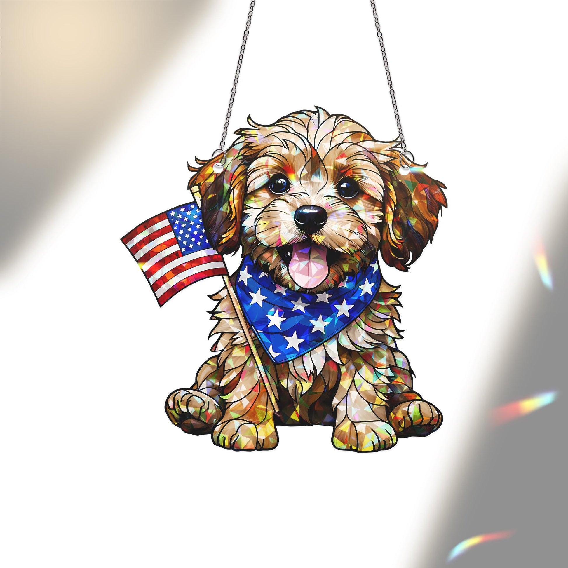 Patriotic Puppy Acrylic Window Hanging – 4th of July Dog Suncatcher – USA Flag Decor – Independence Day Home Decoration Gift
