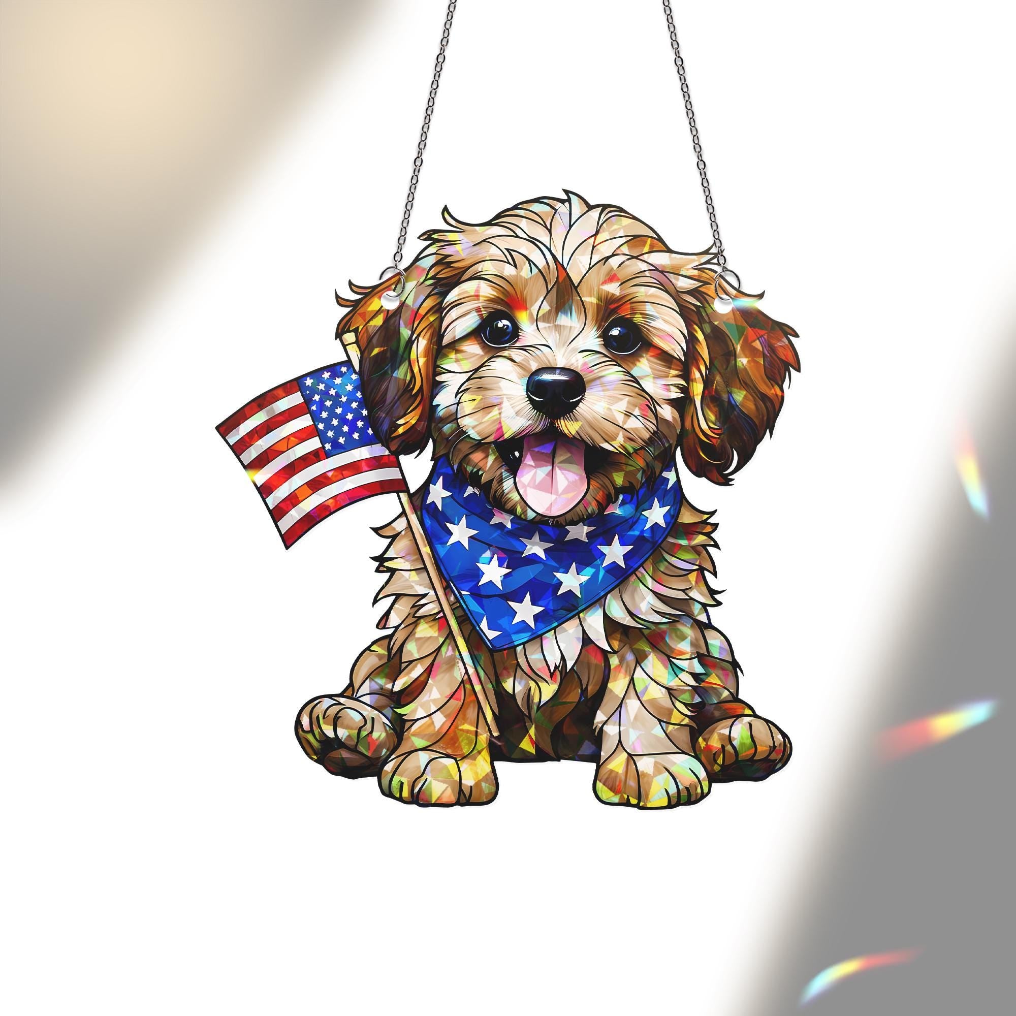 Patriotic Puppy Acrylic Window Hanging – 4th of July Dog Suncatcher – USA Flag Decor – Independence Day Home Decoration Gift