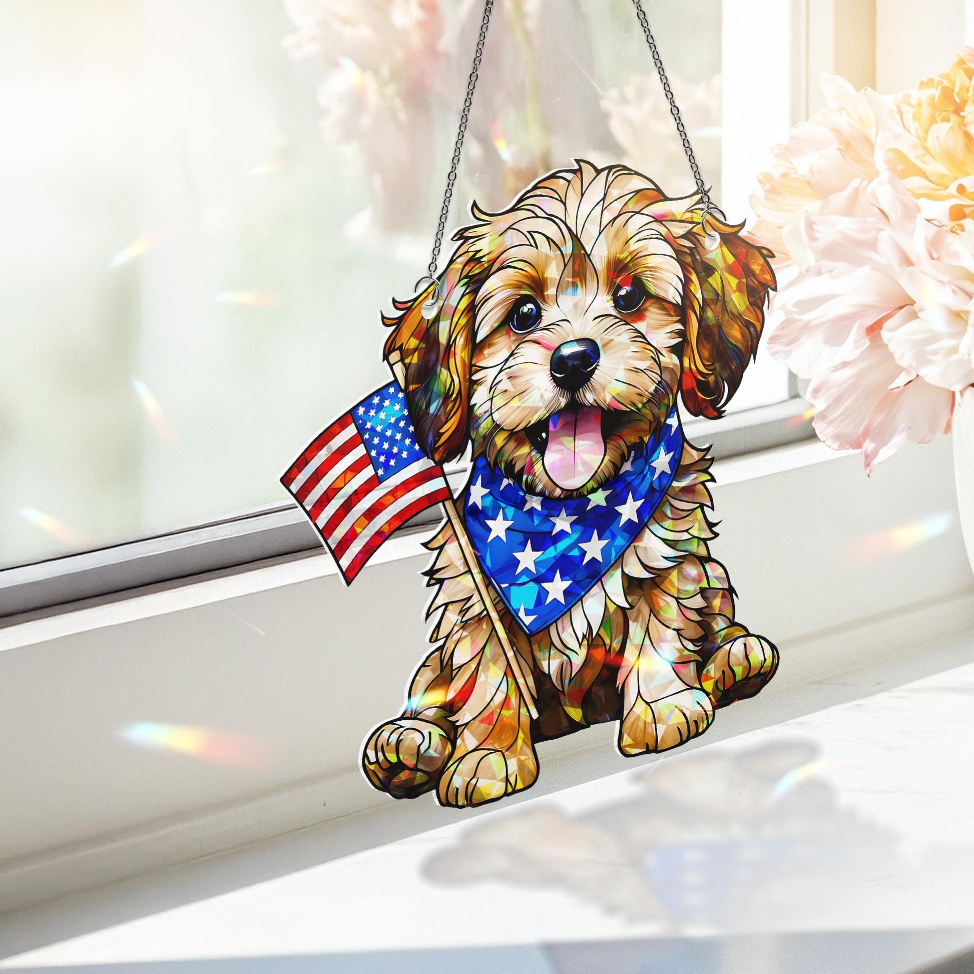 Patriotic Puppy Acrylic Window Hanging – 4th of July Dog Suncatcher – USA Flag Decor – Independence Day Home Decoration Gift