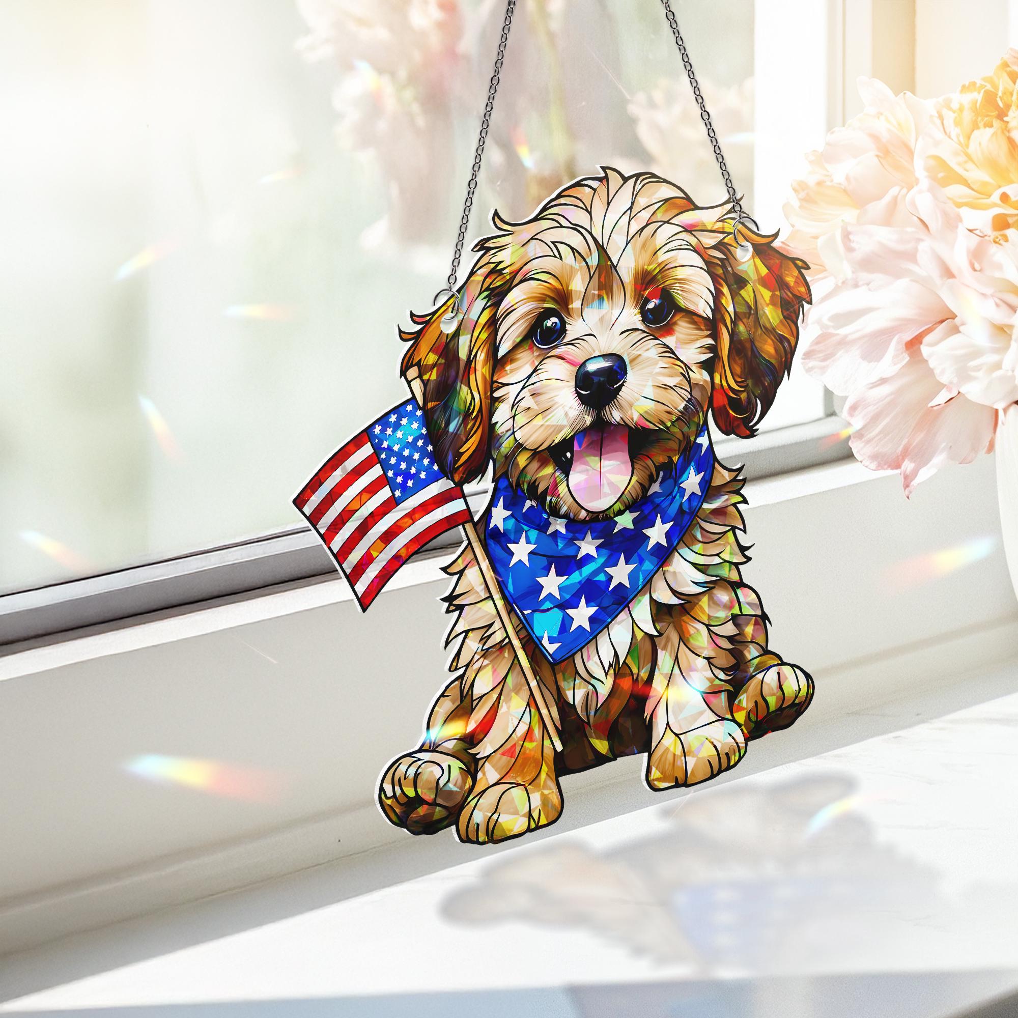 Patriotic Puppy Acrylic Window Hanging – 4th of July Dog Suncatcher – USA Flag Decor – Independence Day Home Decoration Gift