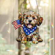Patriotic Puppy Acrylic Window Hanging – 4th of July Dog Suncatcher – USA Flag Decor – Independence Day Home Decoration Gift