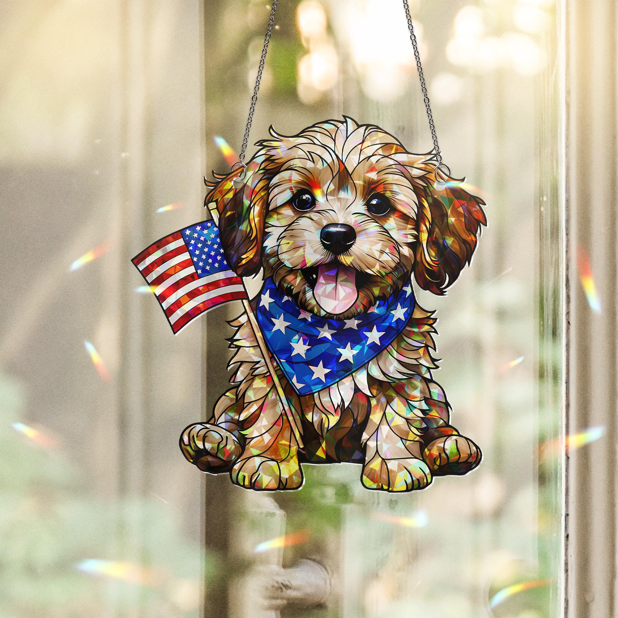 Patriotic Puppy Acrylic Window Hanging – 4th of July Dog Suncatcher – USA Flag Decor – Independence Day Home Decoration Gift