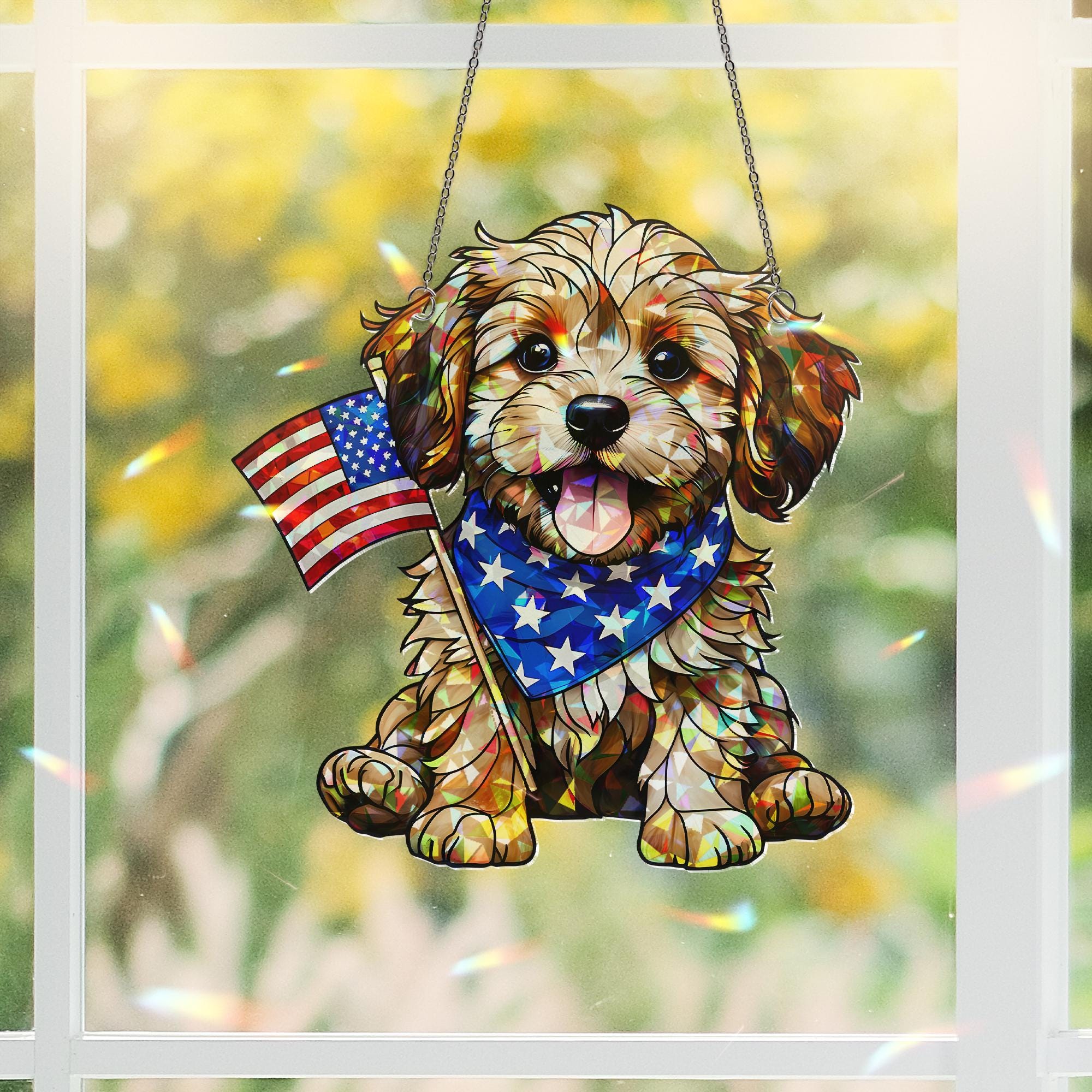 Patriotic Puppy Acrylic Window Hanging – 4th of July Dog Suncatcher – USA Flag Decor – Independence Day Home Decoration Gift