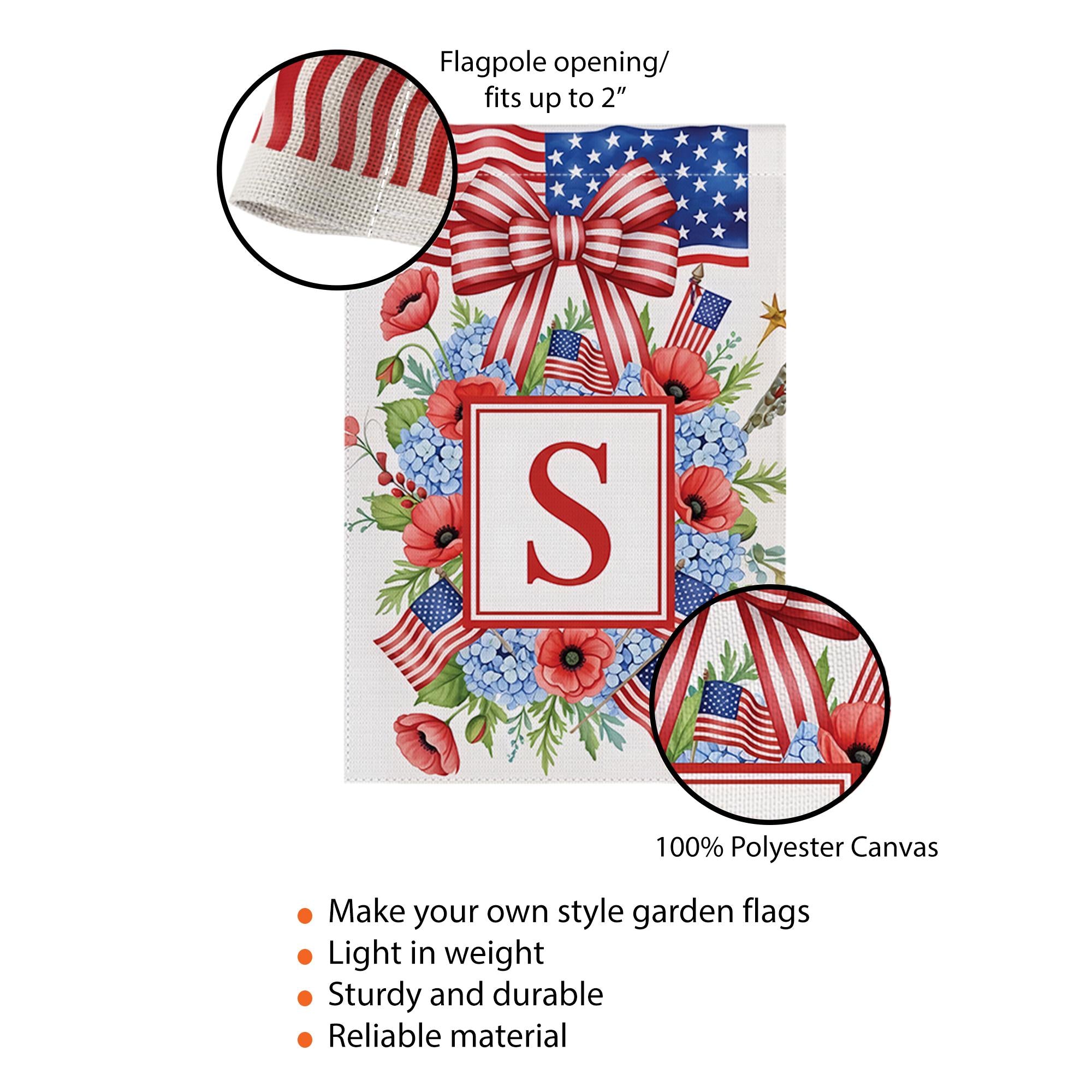 Custom Letter Patriotic Garden Flag, 4th of July Floral Monogram Yard Decor, USA Flag Wreath Outdoor Sign, Independence Day Decoration