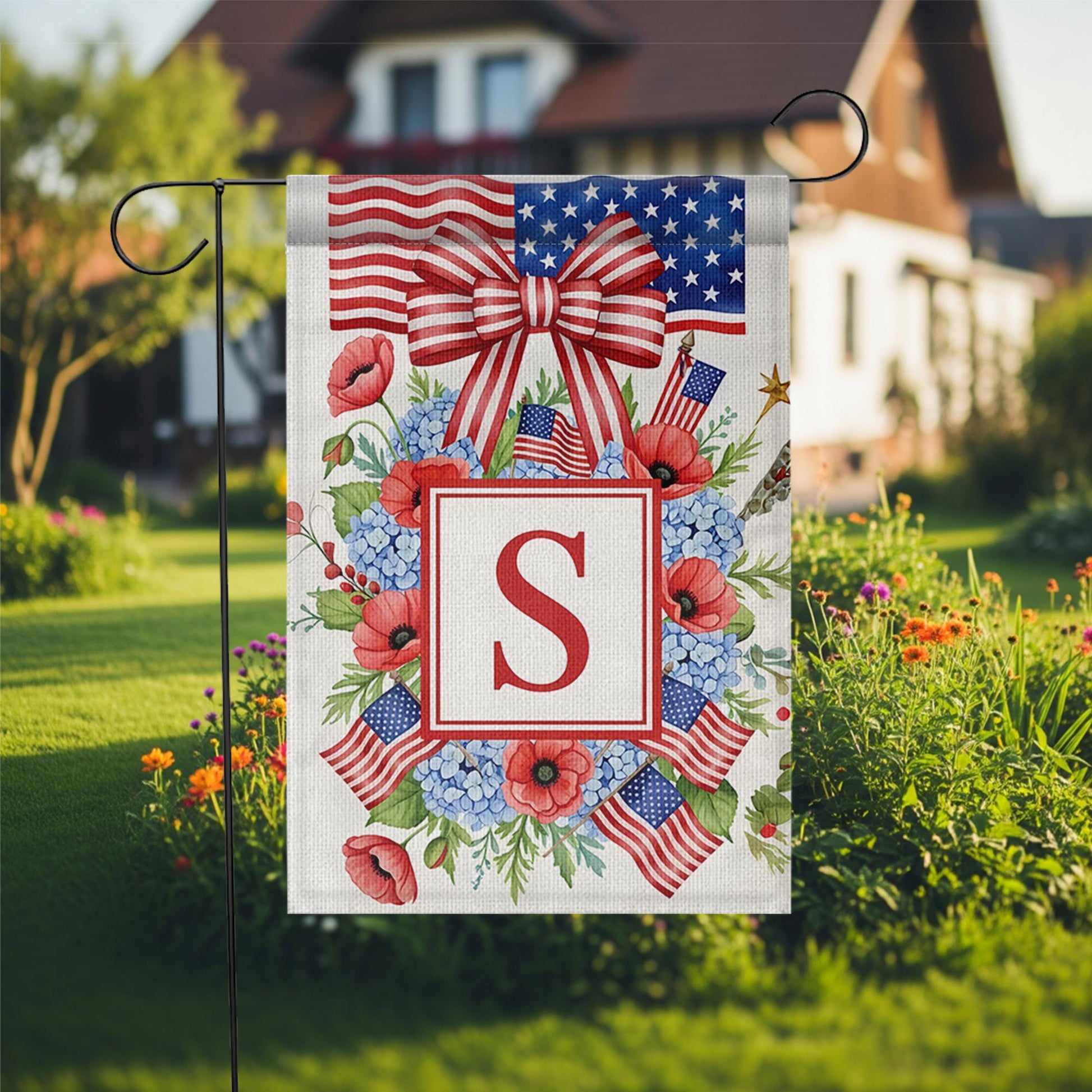 Custom Letter Patriotic Garden Flag, 4th of July Floral Monogram Yard Decor, USA Flag Wreath Outdoor Sign, Independence Day Decoration