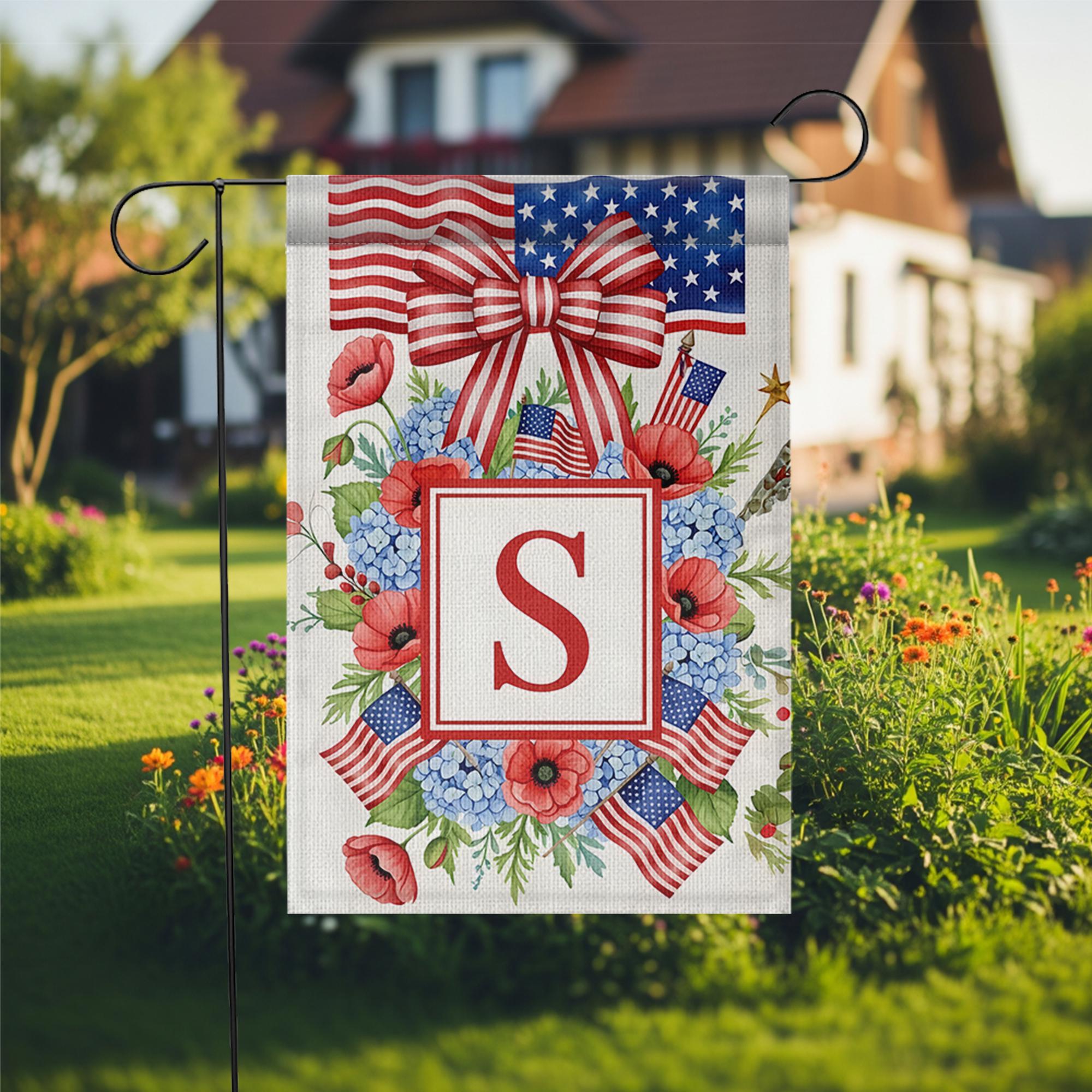 Custom Letter Patriotic Garden Flag, 4th of July Floral Monogram Yard Decor, USA Flag Wreath Outdoor Sign, Independence Day Decoration
