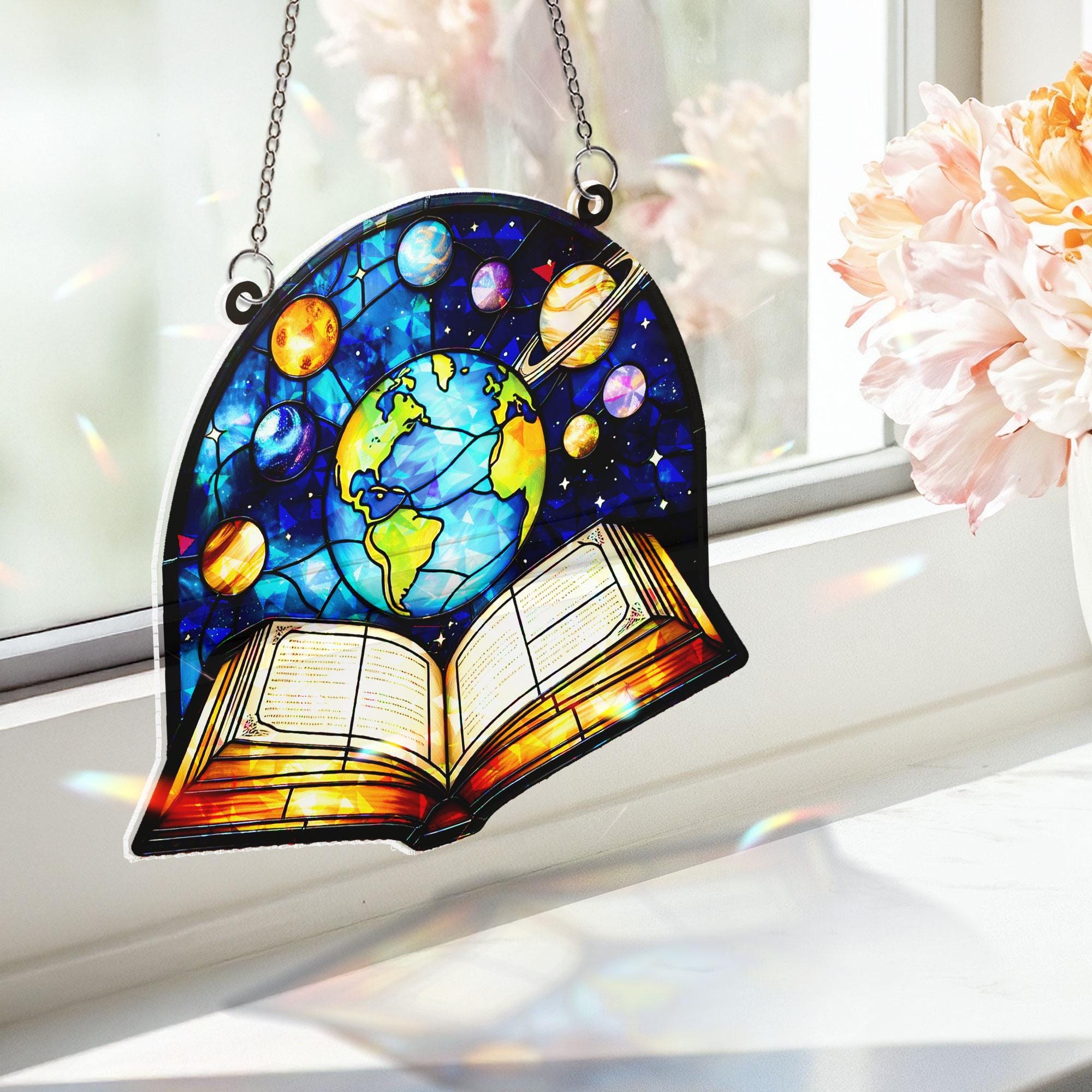 Celestial Earth & Planets Acrylic Window Hanging Ornament, Open Book Design Decor, Cosmic Space Art Panel, Unique Gift for Readers Teachers