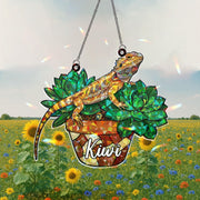 Personalized Bearded Dragon Acrylic Window Hanging Ornament, Custom Name Lizard on Succulents Decor, Custom Name Pet Ornament