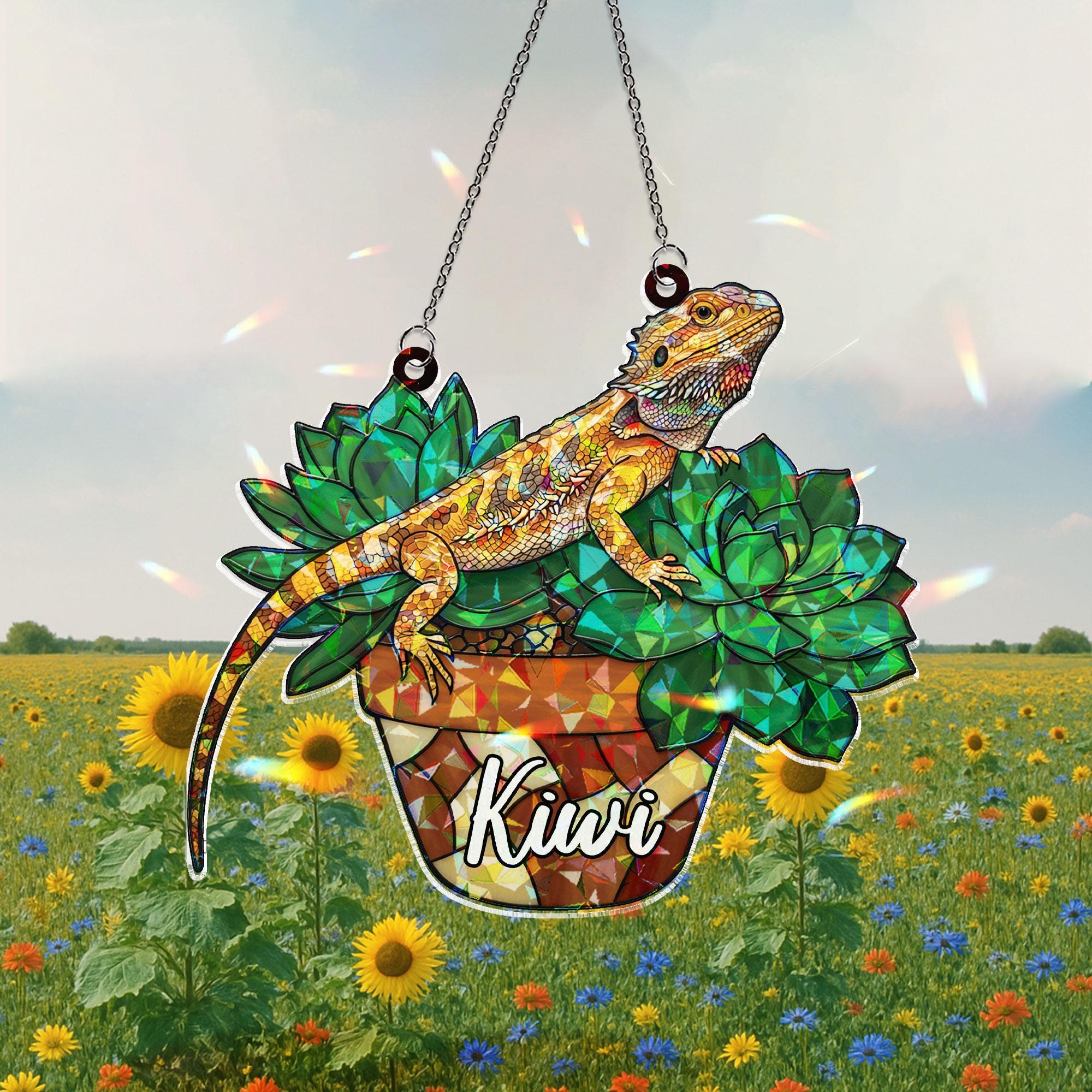 Personalized Bearded Dragon Acrylic Window Hanging Ornament, Custom Name Lizard on Succulents Decor, Custom Name Pet Ornament