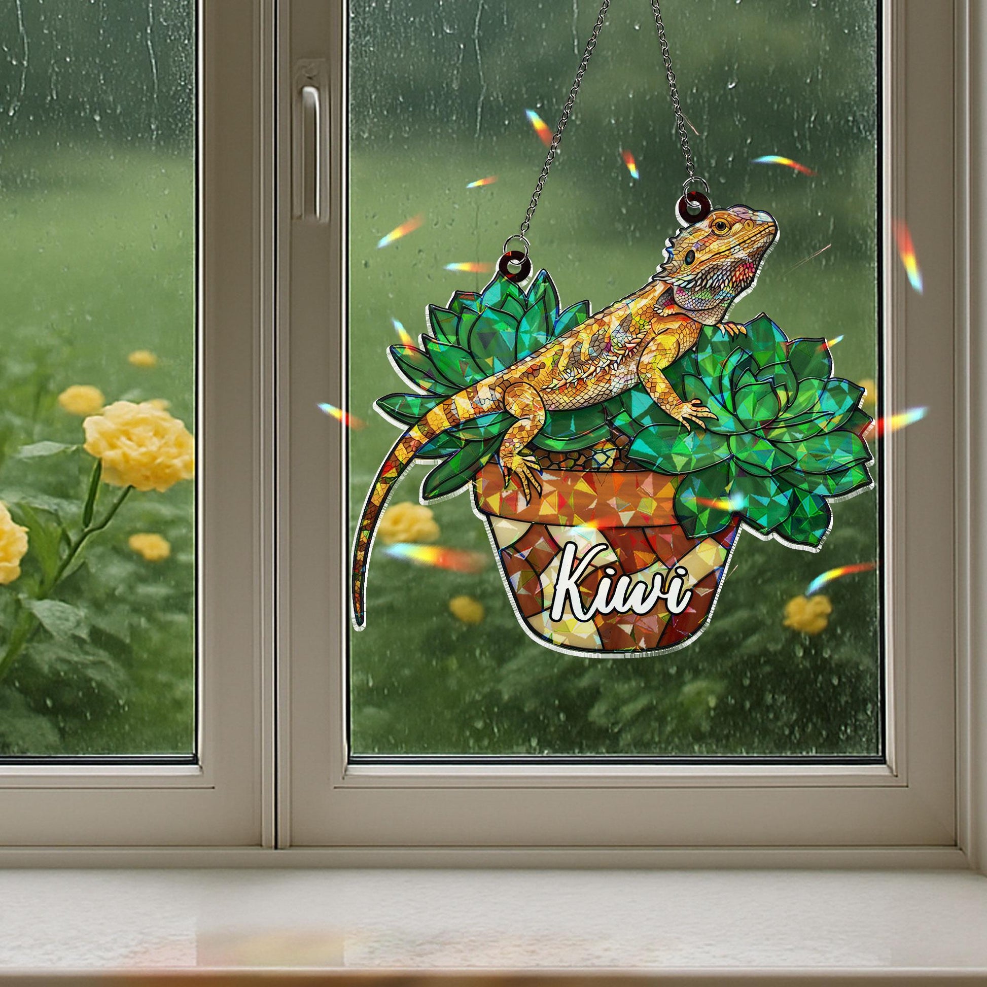 Personalized Bearded Dragon Acrylic Window Hanging Ornament, Custom Name Lizard on Succulents Decor, Custom Name Pet Ornament