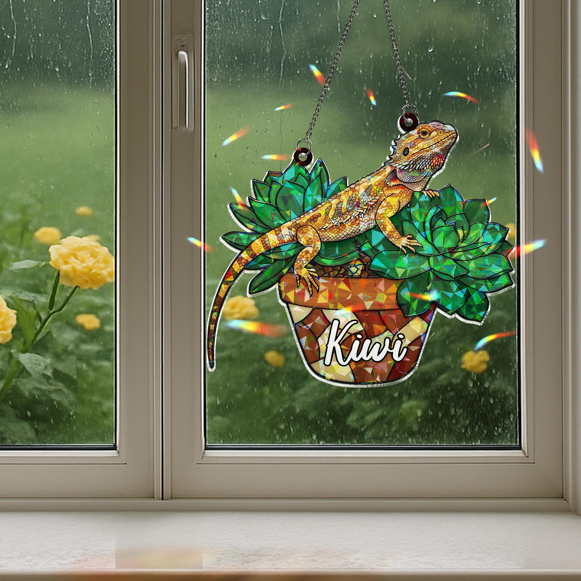 Personalized Bearded Dragon Acrylic Window Hanging Ornament, Custom Name Lizard on Succulents Decor, Custom Name Pet Ornament