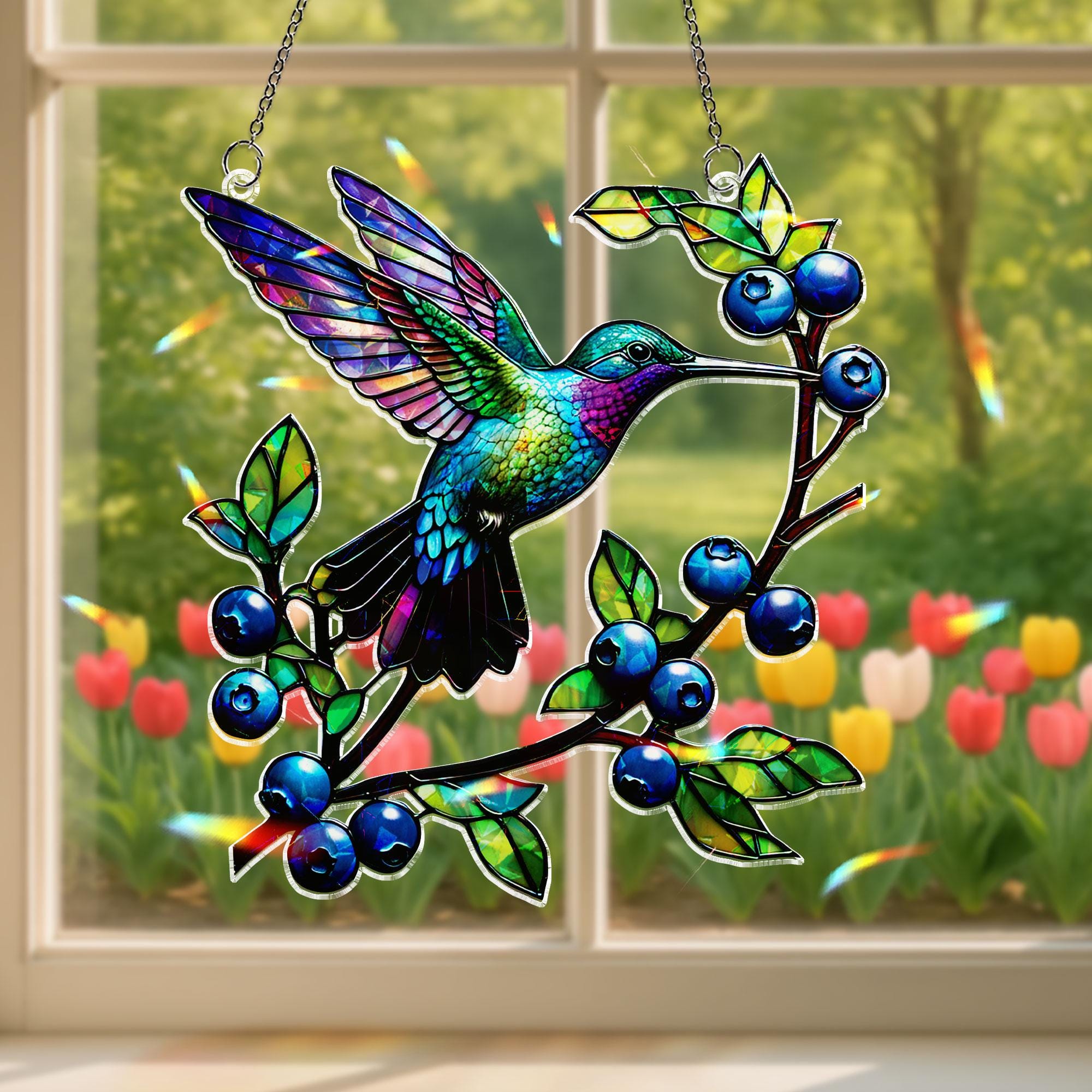 Vibrant Hummingbird & Blueberry Acrylic Window Hanging, Colorful Bird on Branch Decor Ornament, Bird Lover Art,Unique Nature Lover Gift Idea