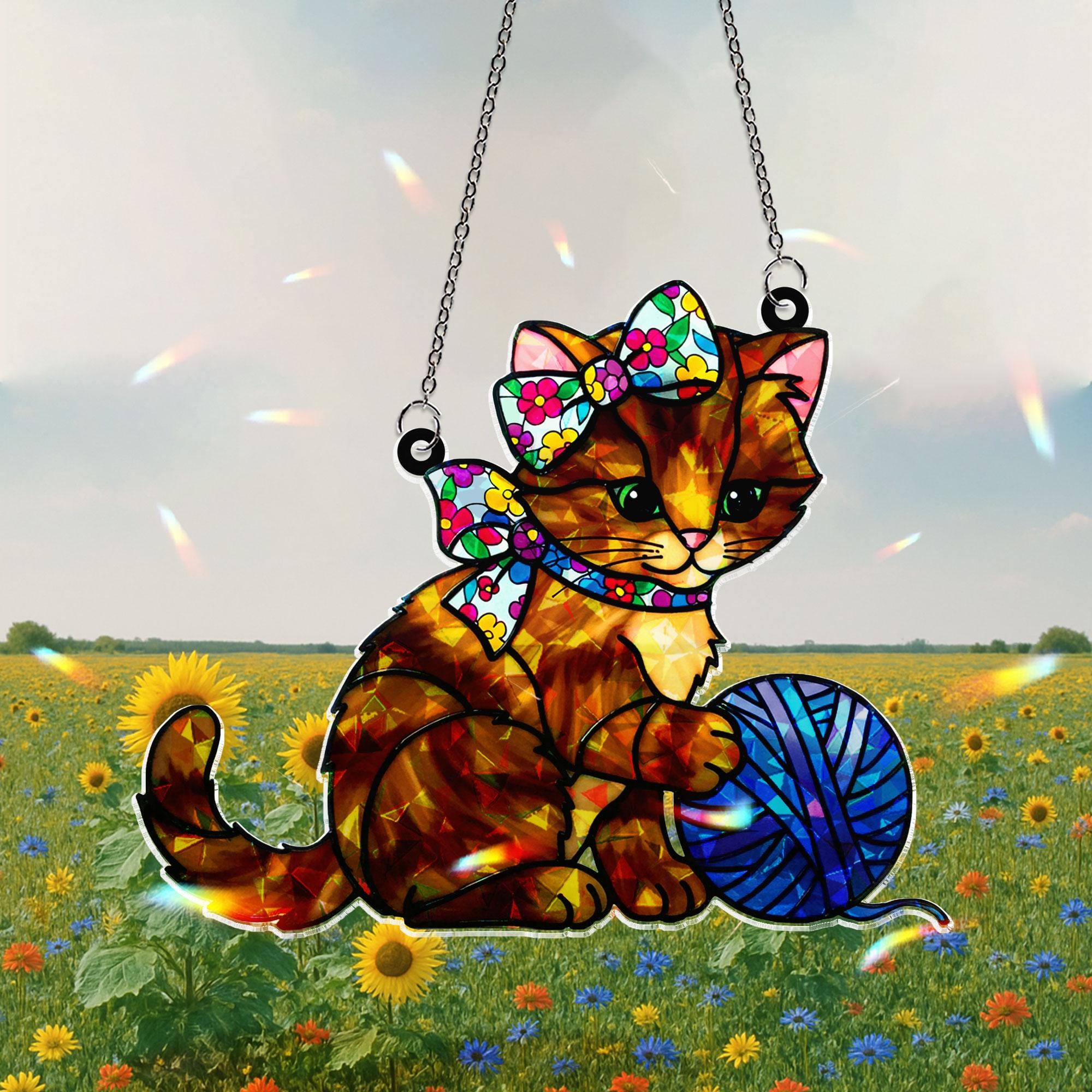 Cat Kitten Floral Bow & Yarn Ball Acrylic Window Hanging Ornament, Gift For Cat Mom, Cute Pet Lover Gift, Window Home Decoration