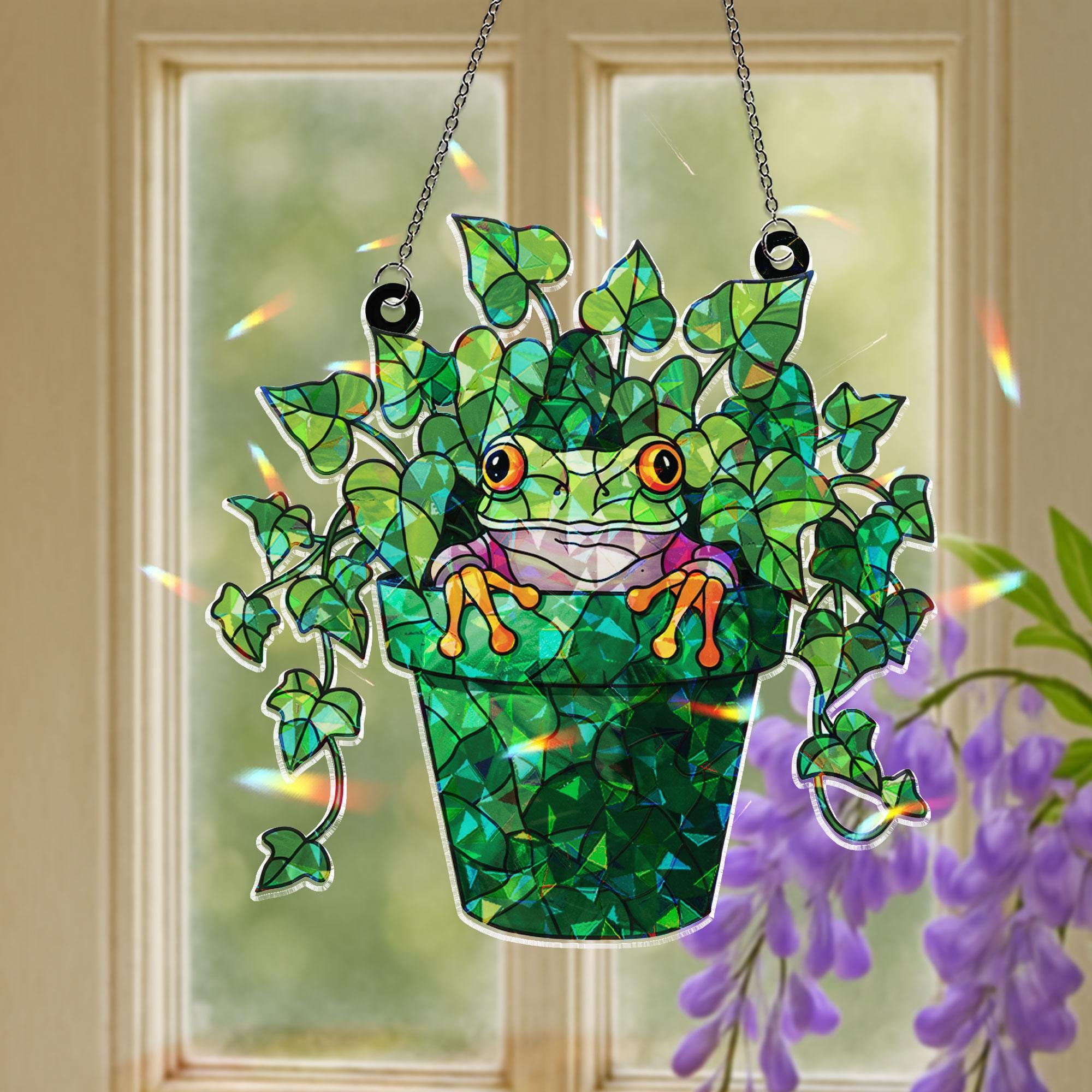 Whimsical Frog Peeking from Ivy Plant Pot Acrylic Ornament Window Hanging, Nature Lover Gift, Garden Decor Ornament, Gardening Gift