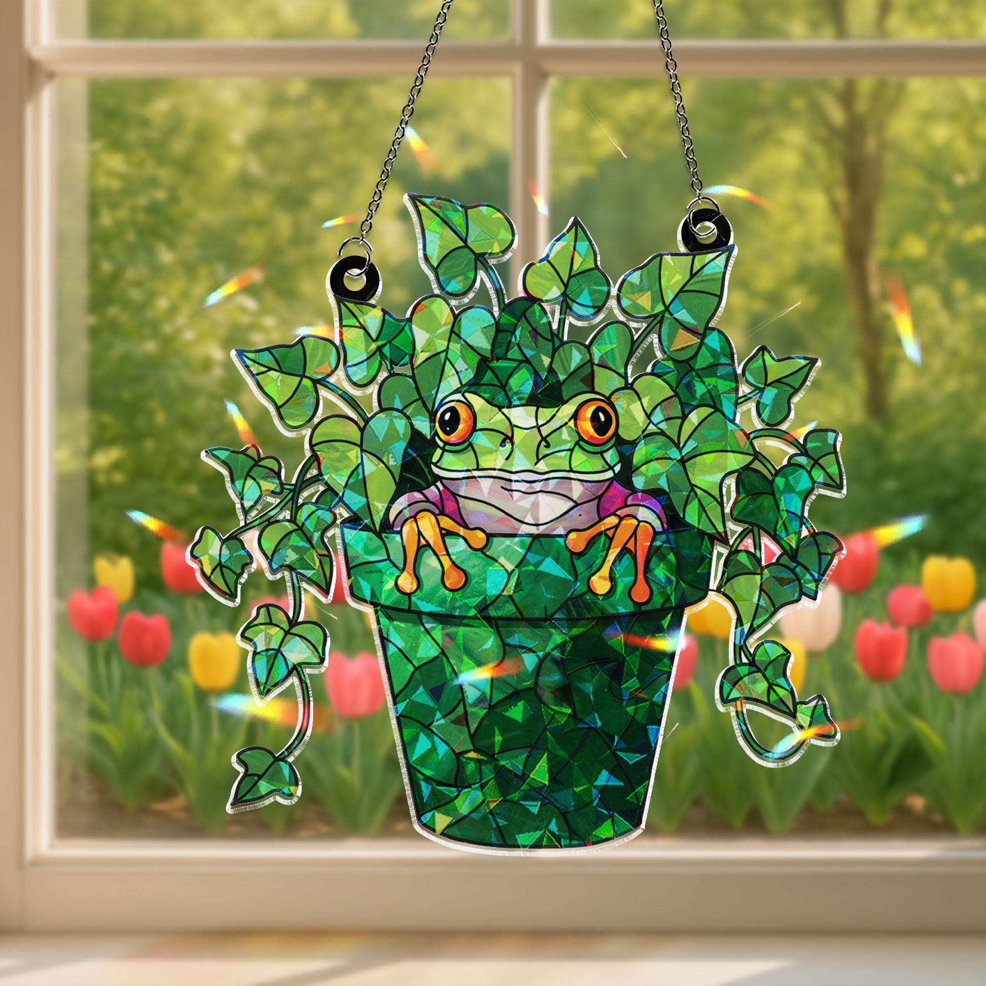Whimsical Frog Peeking from Ivy Plant Pot Acrylic Ornament Window Hanging, Nature Lover Gift, Garden Decor Ornament, Gardening Gift