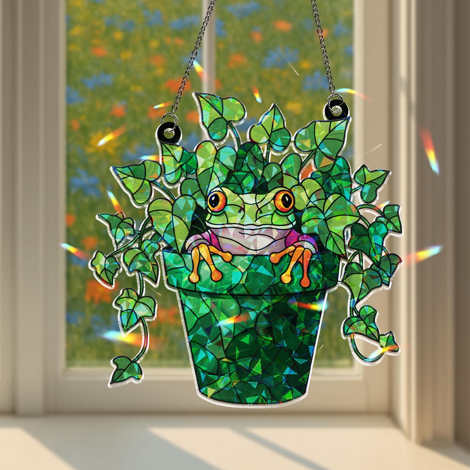 Whimsical Frog Peeking from Ivy Plant Pot Acrylic Ornament Window Hanging, Nature Lover Gift, Garden Decor Ornament, Gardening Gift