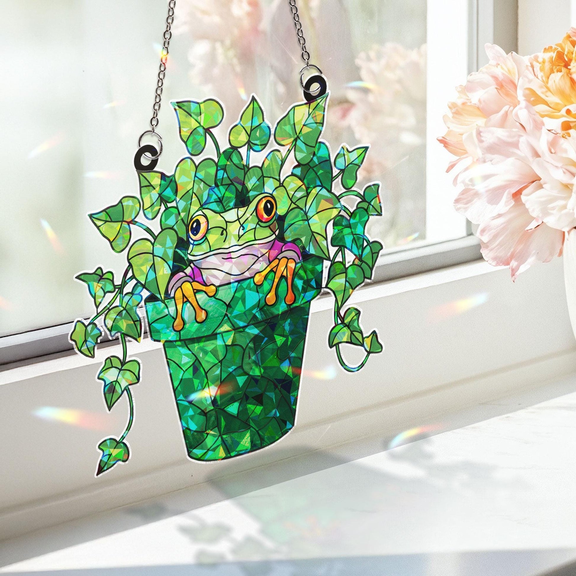 Whimsical Frog Peeking from Ivy Plant Pot Acrylic Ornament Window Hanging, Nature Lover Gift, Garden Decor Ornament, Gardening Gift
