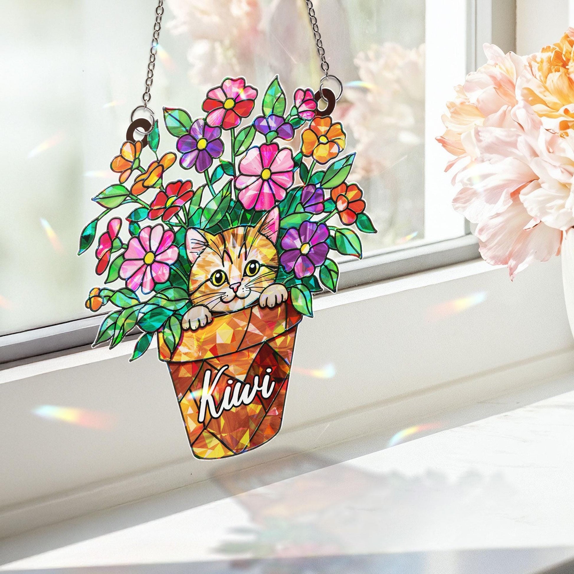 Personalized Cat And Flower Window Hanging, Custom Name Peeking Kitten in Flower Pot, Cat Lover Gift, Kitty in Flower Pot Ornament